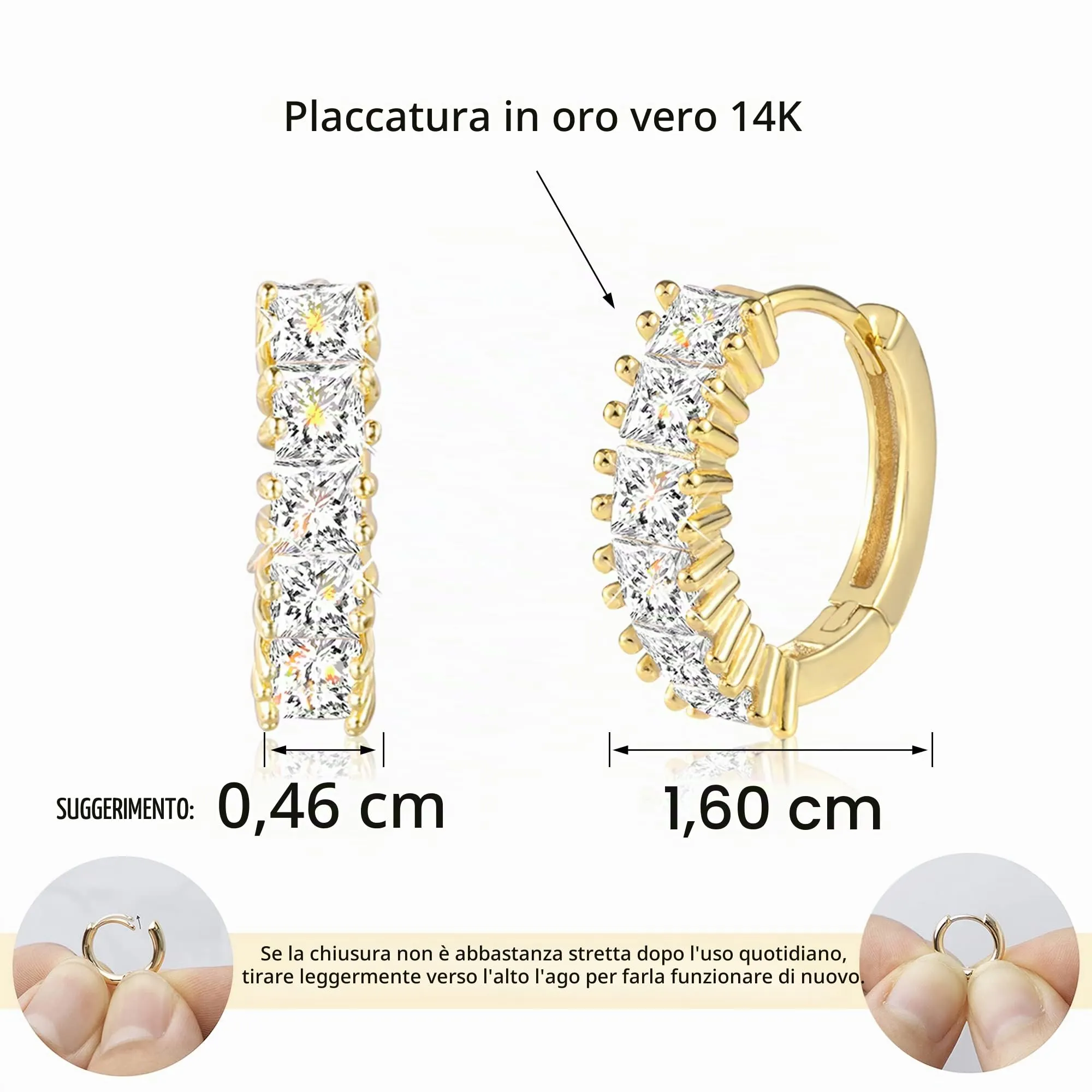 ALEXCRAFT Orecchini a Cerchio in Ottone Placcati Oro con Zirconi Quadrati, 16 mm, SC109S16 - immagine 4