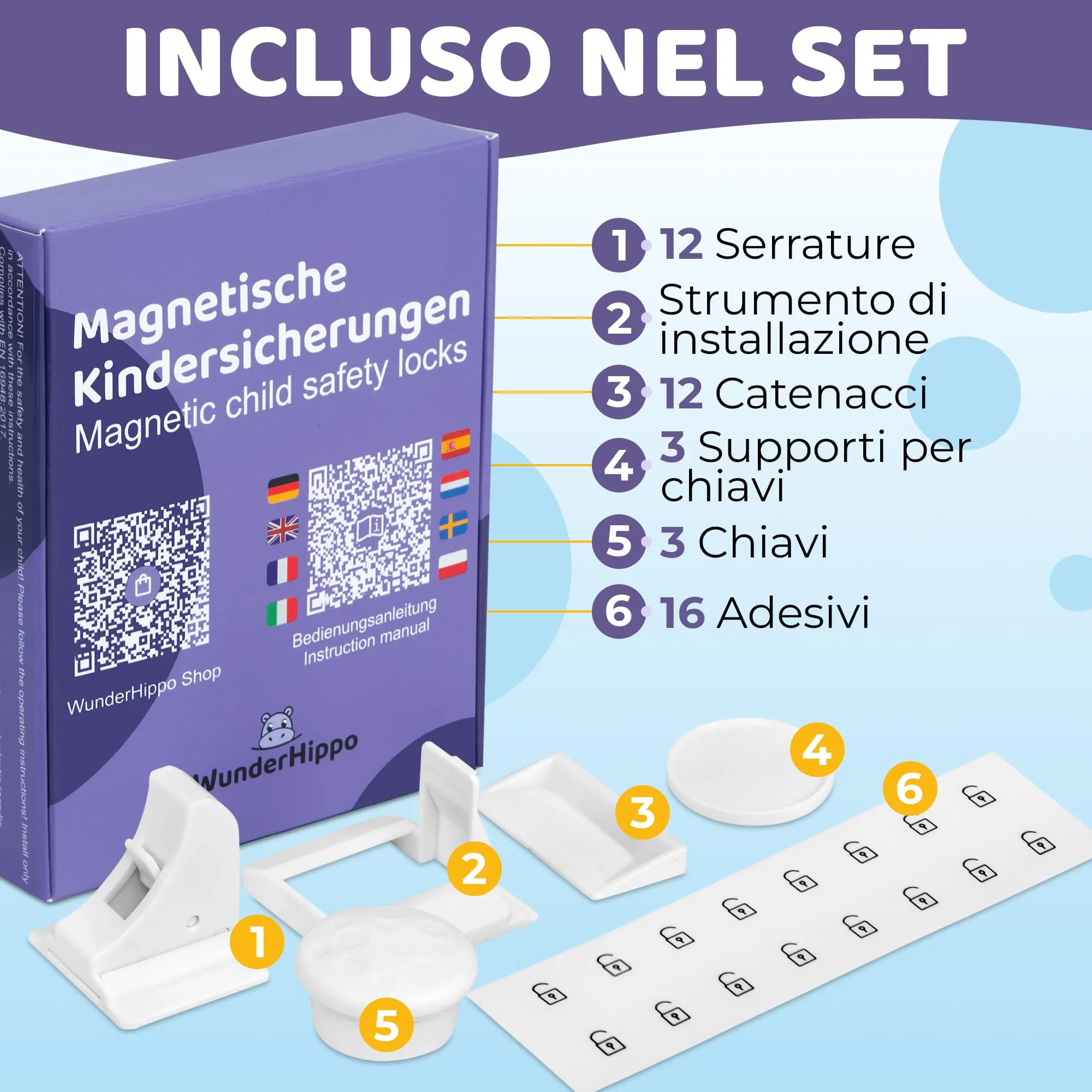 WunderHippo Chiusura Magnetica per Cassetti e Ante, 12 Serrature e 3 Chiavi - immagine 2