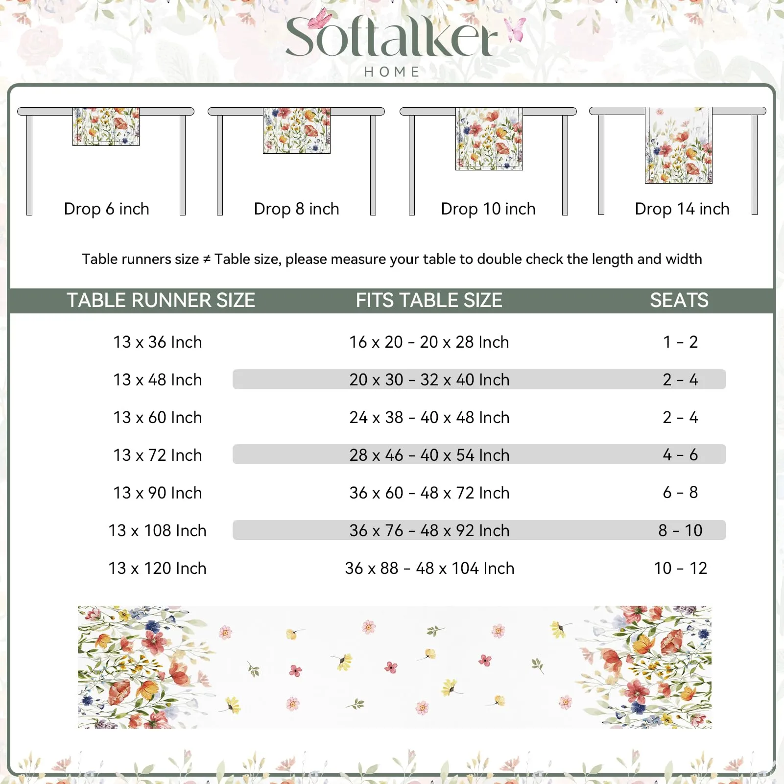 Softalker Runner da Tavolo a Fiori Selvatici, 33 x 305 cm - immagine 6