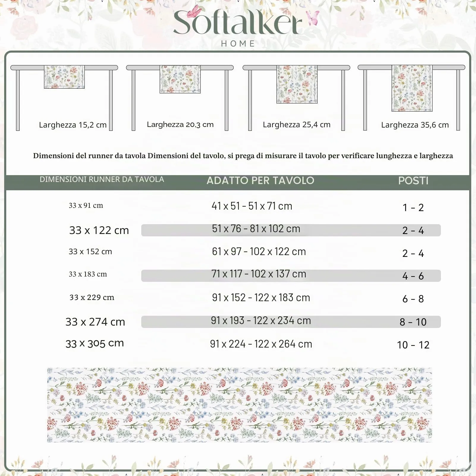 Softalker Runner da Tavolo Primaverile con Foglie Floreali, 33 x 305 cm - immagine 6