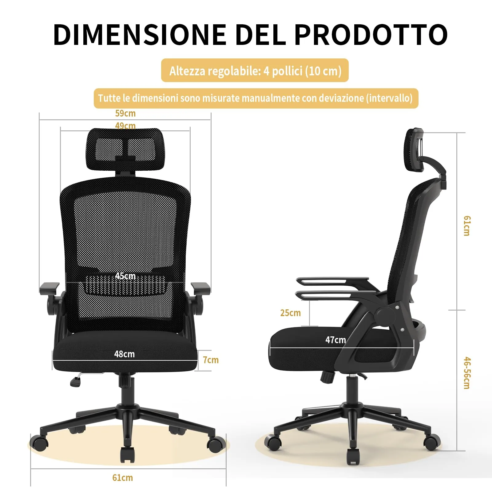 naspaluro Sedia da Ufficio Ergonomica, Braccioli Pieghevoli, Altezza Regolabile, Seduta e Schienale in Rete Respirante, Girevole con Ruote, Funzione Oscillante, Nera - immagine 2