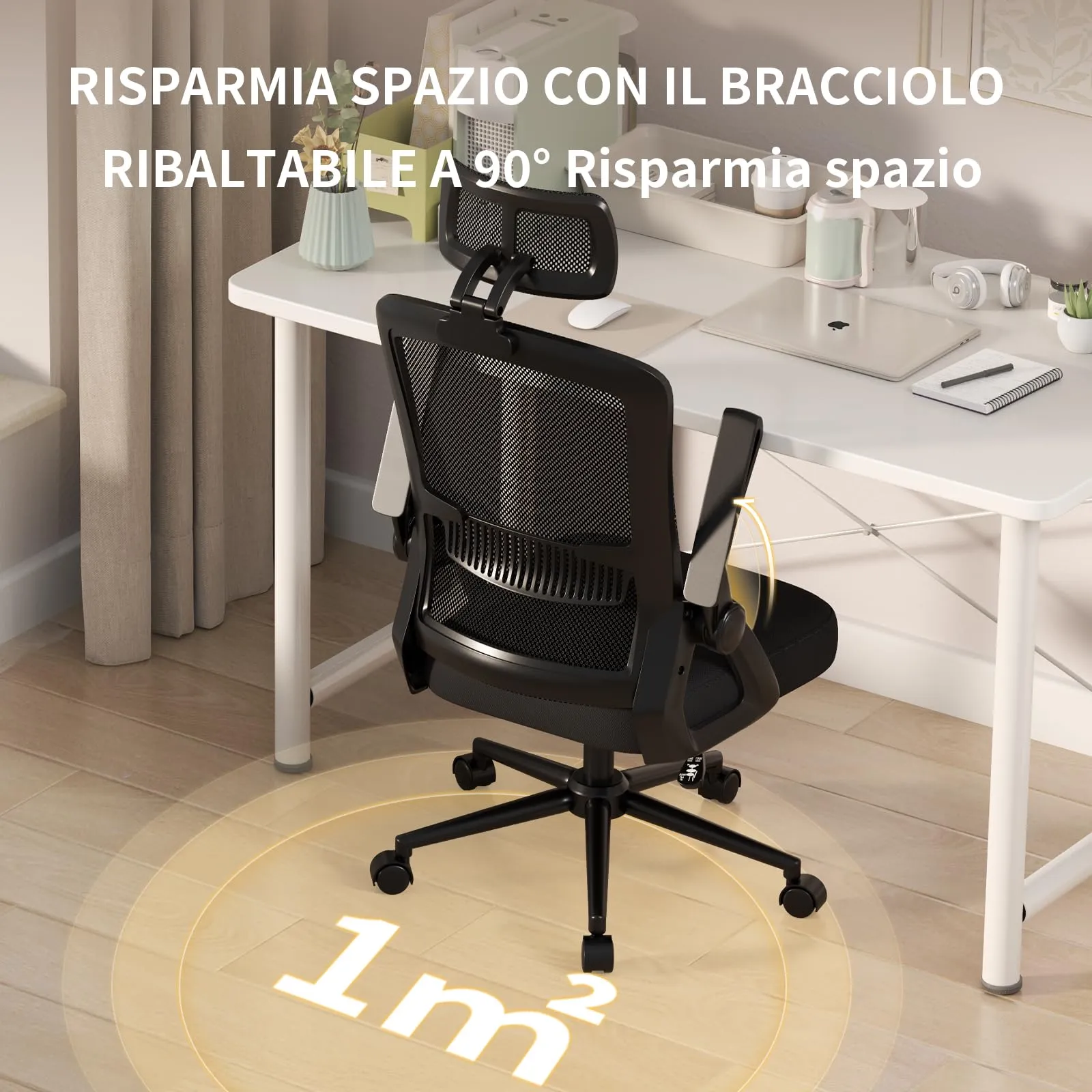 naspaluro Sedia da Ufficio Ergonomica, Braccioli Pieghevoli, Altezza Regolabile, Seduta e Schienale in Rete Respirante, Girevole con Ruote, Funzione Oscillante, Nera - immagine 3