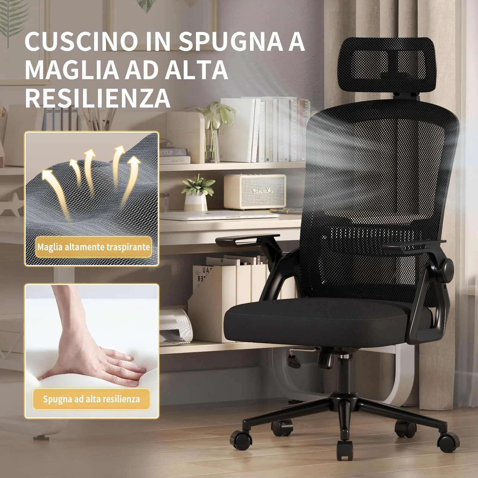 naspaluro Sedia da Ufficio Ergonomica, Braccioli Pieghevoli, Altezza Regolabile, Seduta e Schienale in Rete Respirante, Girevole con Ruote, Funzione Oscillante, Nera - immagine 4