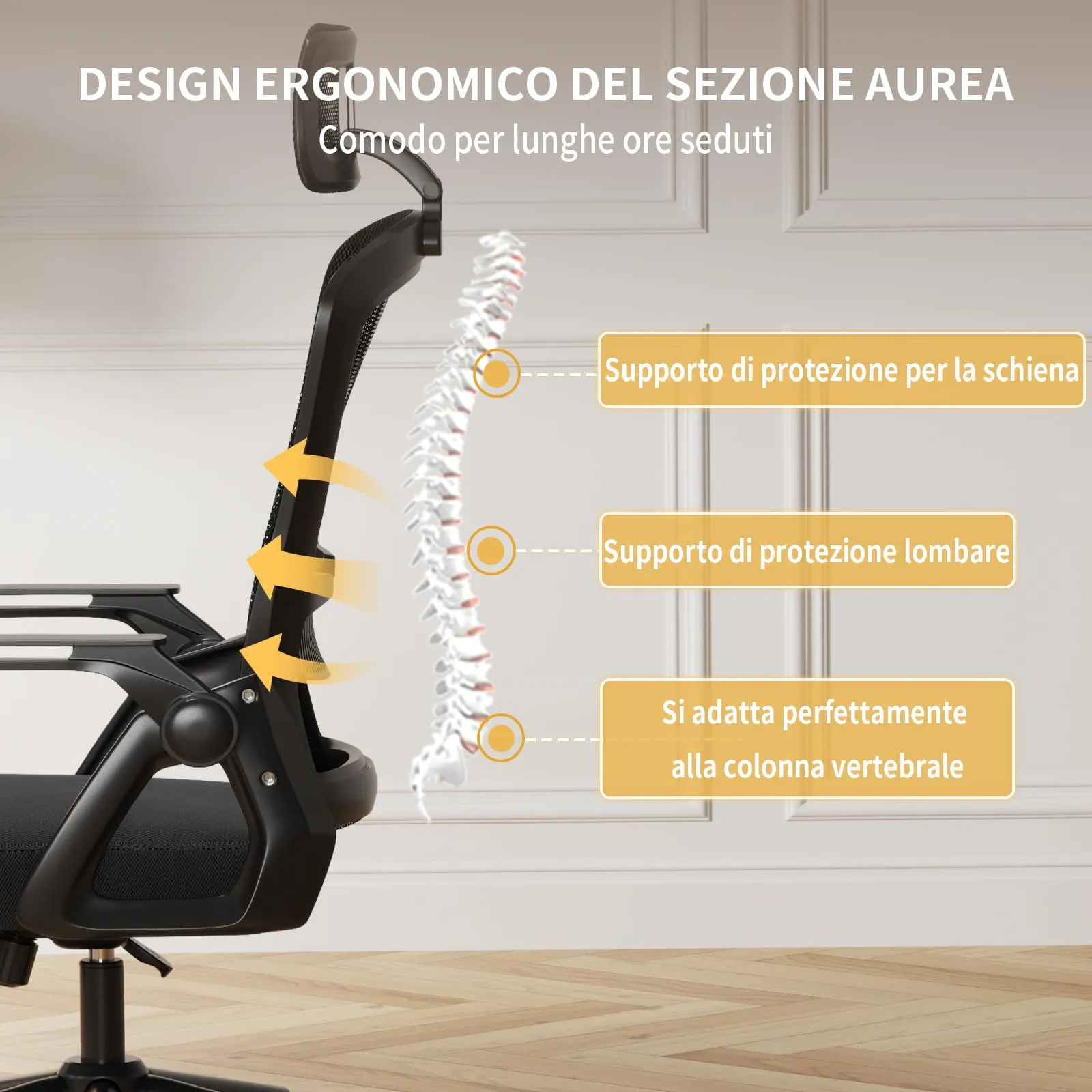 naspaluro Sedia da Ufficio Ergonomica, Braccioli Pieghevoli, Altezza Regolabile, Seduta e Schienale in Rete Respirante, Girevole con Ruote, Funzione Oscillante, Nera - immagine 5