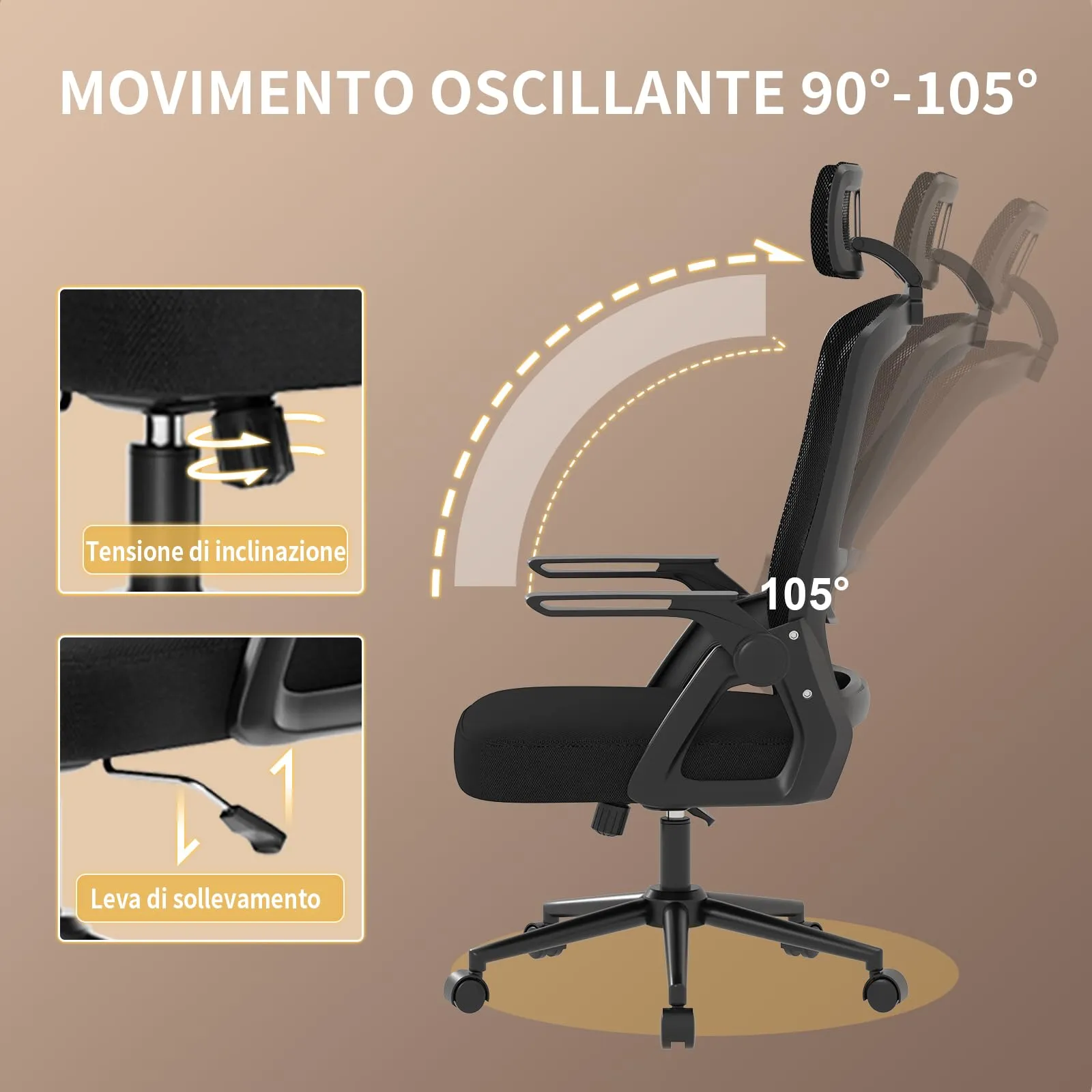 naspaluro Sedia da Ufficio Ergonomica, Braccioli Pieghevoli, Altezza Regolabile, Seduta e Schienale in Rete Respirante, Girevole con Ruote, Funzione Oscillante, Nera - immagine 6