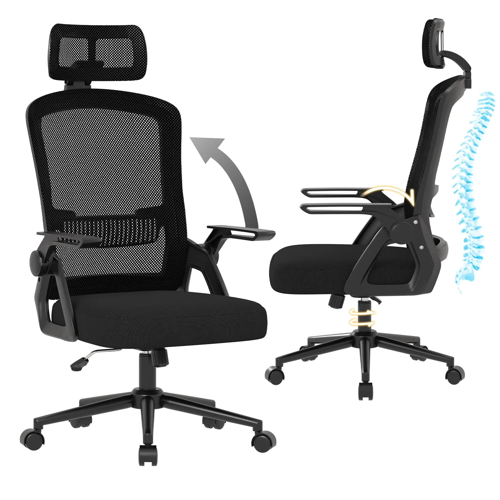 naspaluro Sedia da Ufficio Ergonomica, Braccioli Pieghevoli, Altezza Regolabile, Seduta e Schienale in Rete Respirante, Girevole con Ruote, Funzione Oscillante, Nera - immagine 8