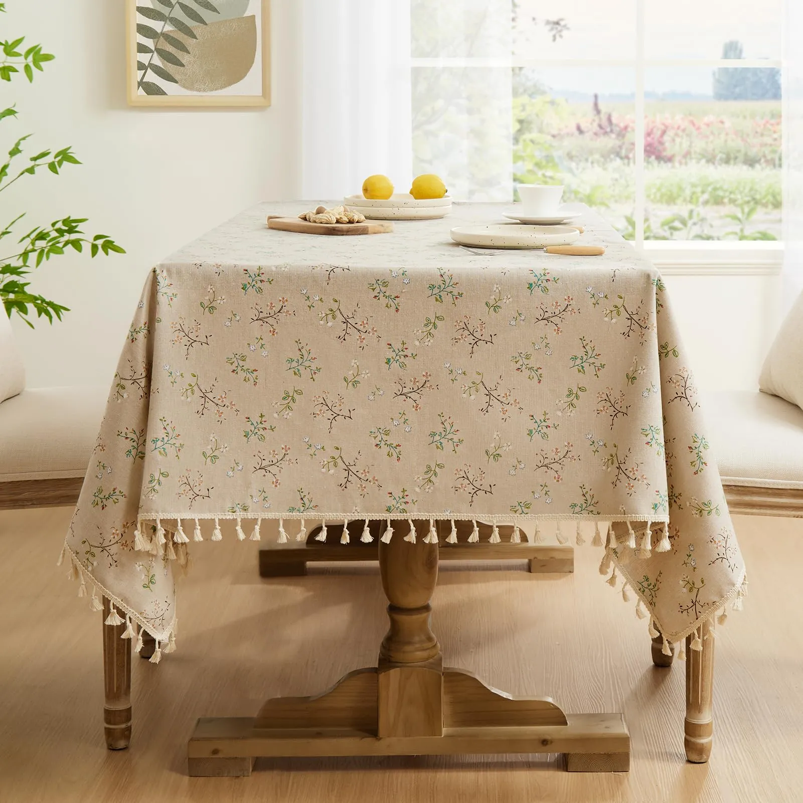 Softalker Tovaglia Quadrata in Lino Design Vintage con Fiori e Foglie (140 x 130 cm) - immagine 1