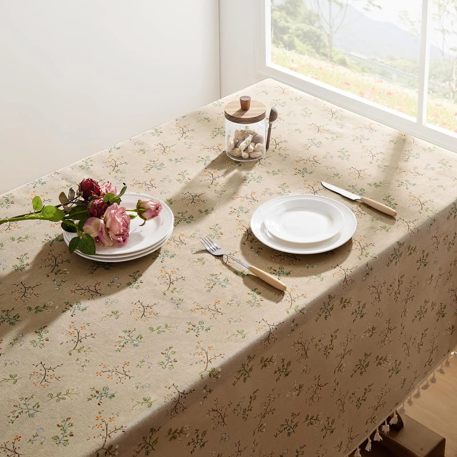 Softalker Tovaglia Quadrata in Lino Design Vintage con Fiori e Foglie (140 x 130 cm) - immagine 2