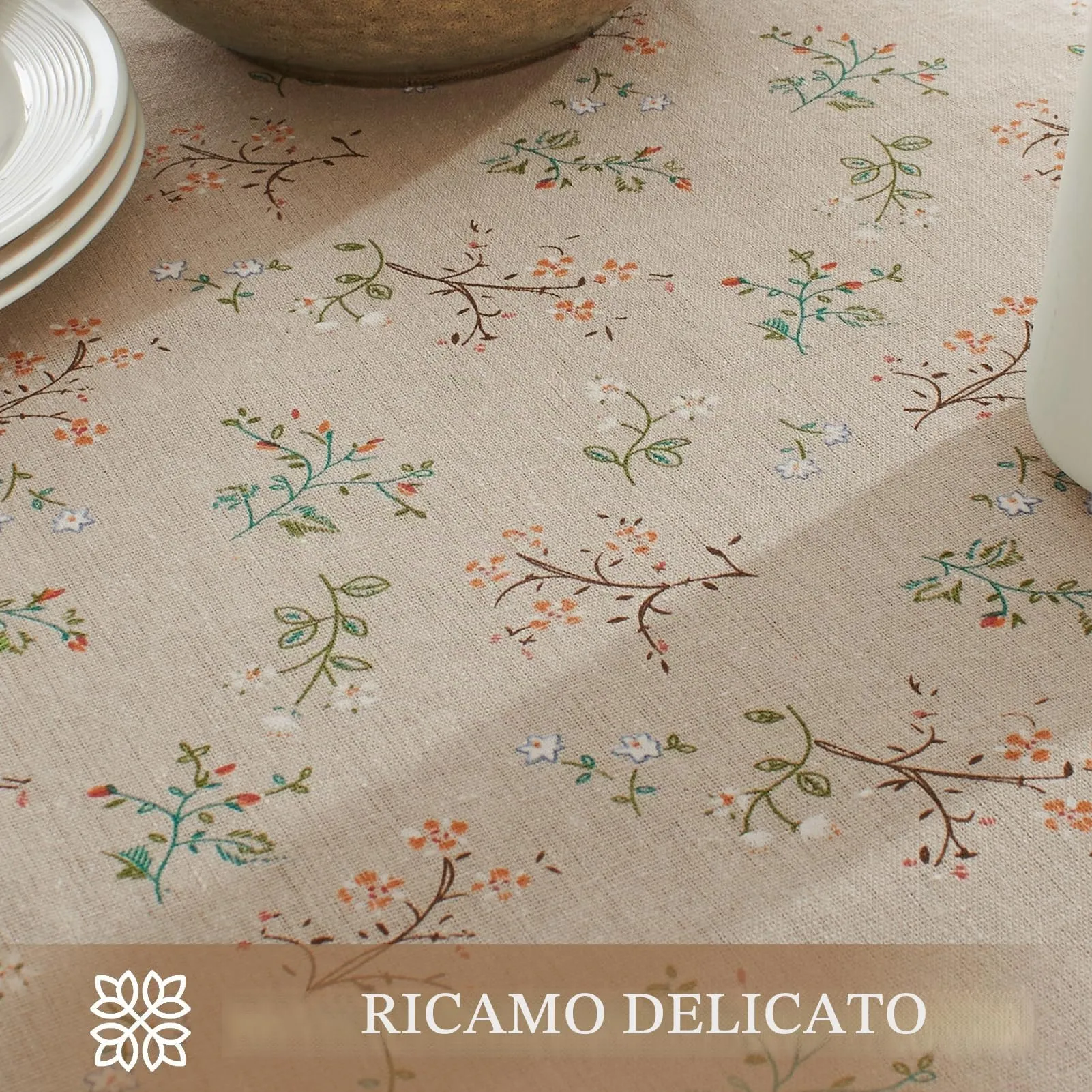 Softalker Tovaglia Quadrata in Lino Design Vintage con Fiori e Foglie (140 x 130 cm) - immagine 4