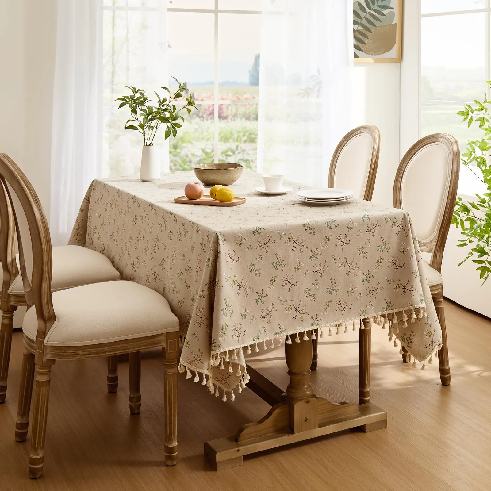 Softalker Tovaglia Quadrata in Lino Design Vintage con Fiori e Foglie (140 x 130 cm) - immagine 7