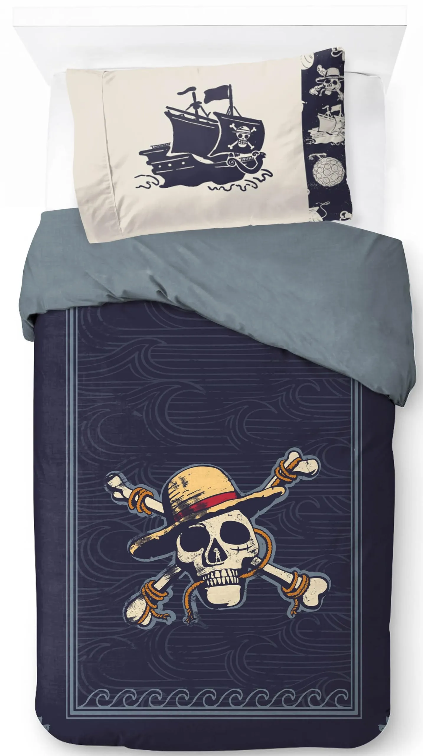 Jay Franco Netflix One Piece Set Copripiumino Singolo con Federa, 100% Cotone, Blu Navy, Set da 2 Pezzi - immagine 1