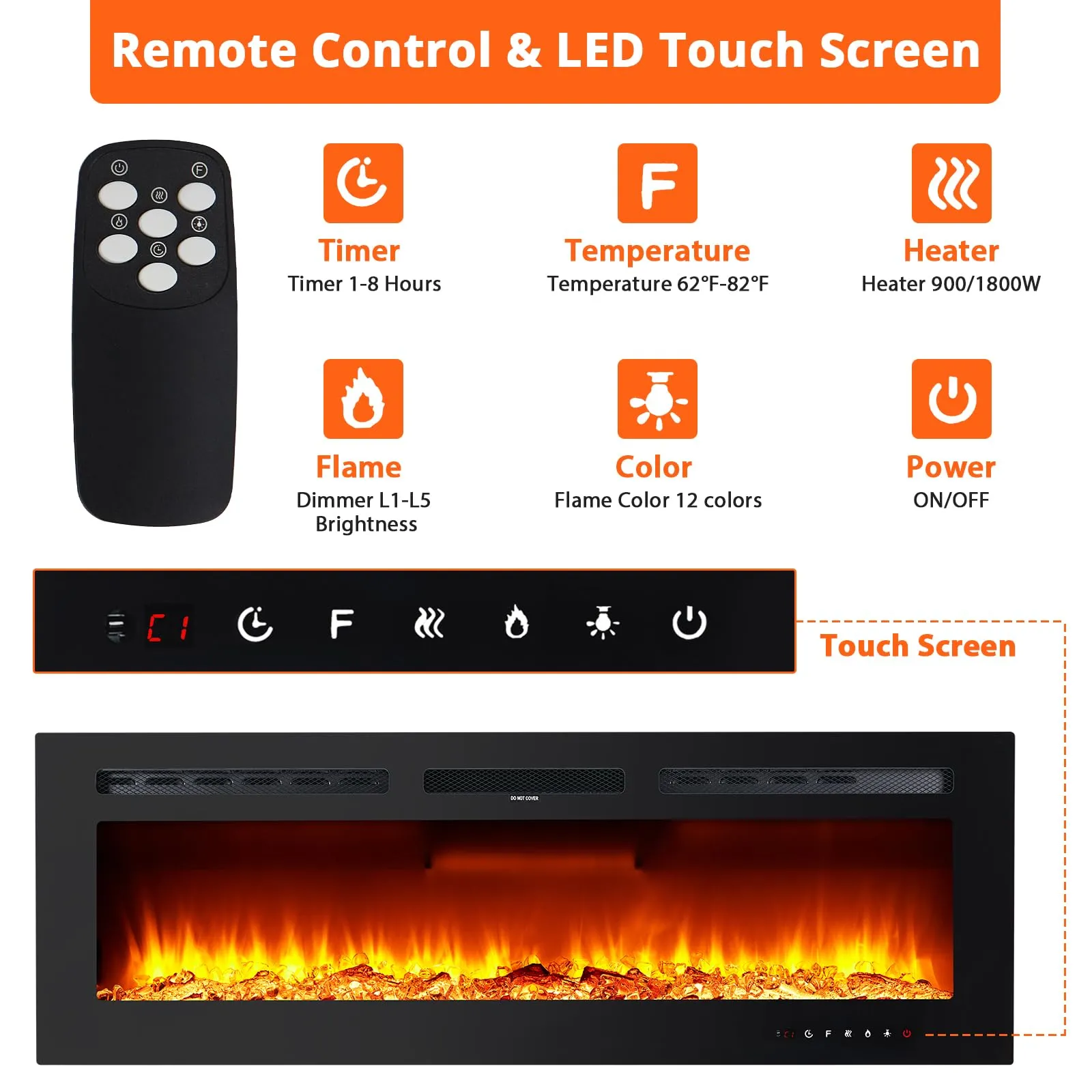 JustSmart Camino Elettrico 3D 60" (152 cm) con Riscaldamento 900/1800W, 12 Colori LED Effetto Fiamma, da Incasso o Parete - immagine 3