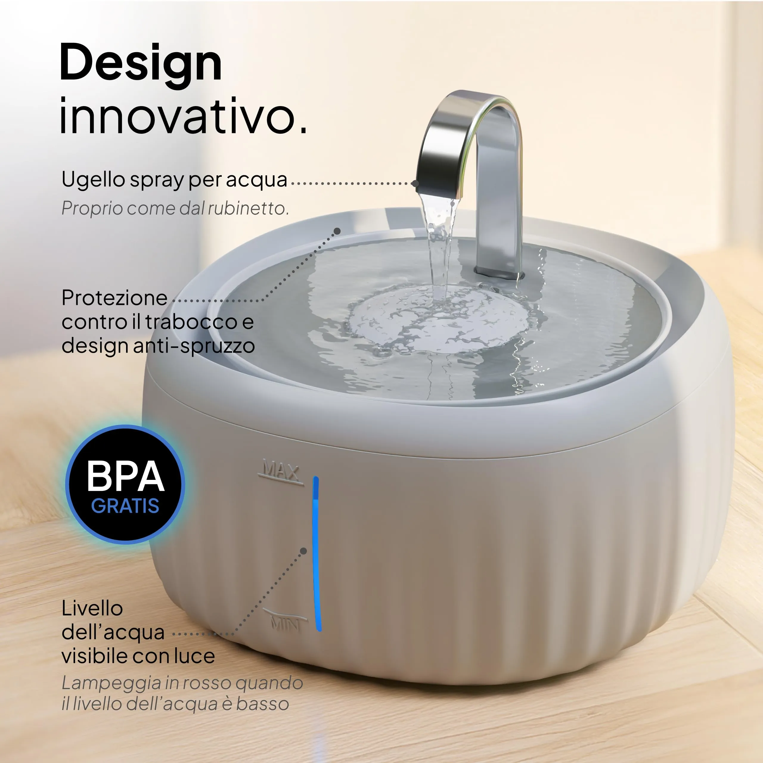 Pretty Paw Fontanella per Gatti 3L con LED Livello Acqua, Grigio - immagine 2