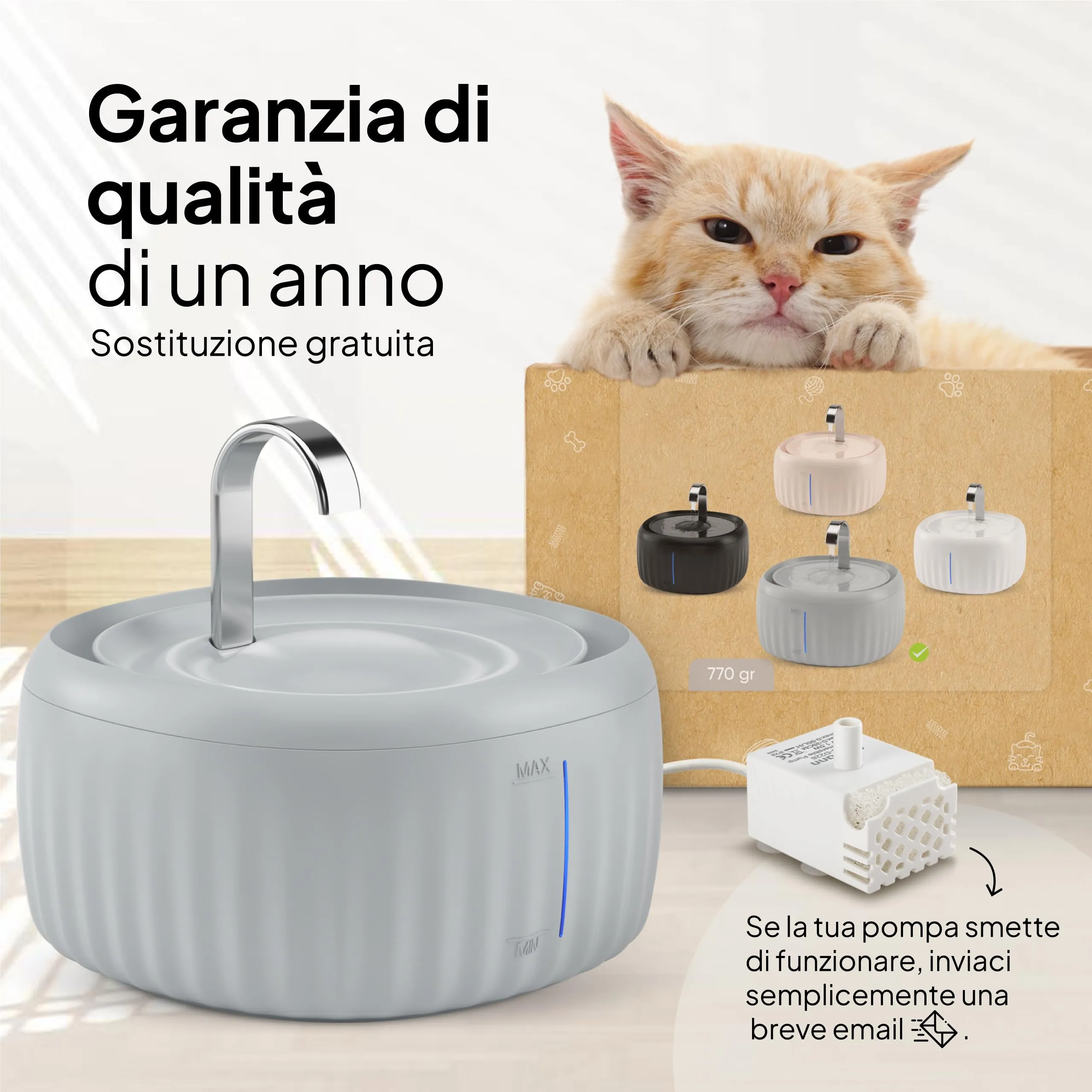 Pretty Paw Fontanella per Gatti 3L con LED Livello Acqua, Grigio - immagine 8
