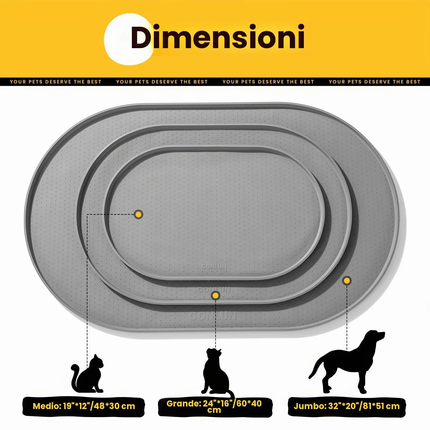 Conlun Tappetino Ovale per Ciotole Cane e Gatto in Silicone, 60 x 40 cm, Grigio - immagine 4
