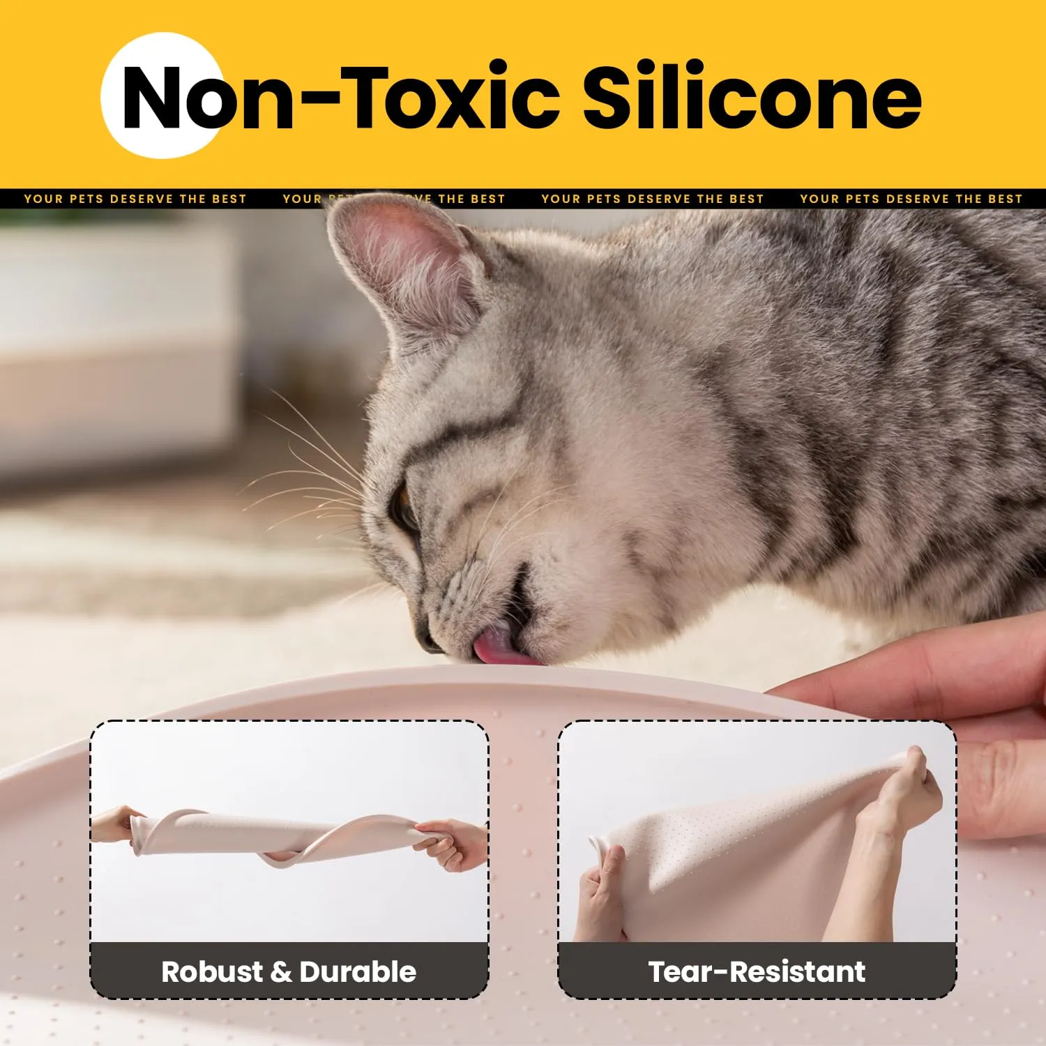 Conlun Tappetino Ciotola per Cane e Gatto, Ovale in Silicone senza BPA con Bordi Rialzati, 60 x 40 cm, Beige - immagine 5