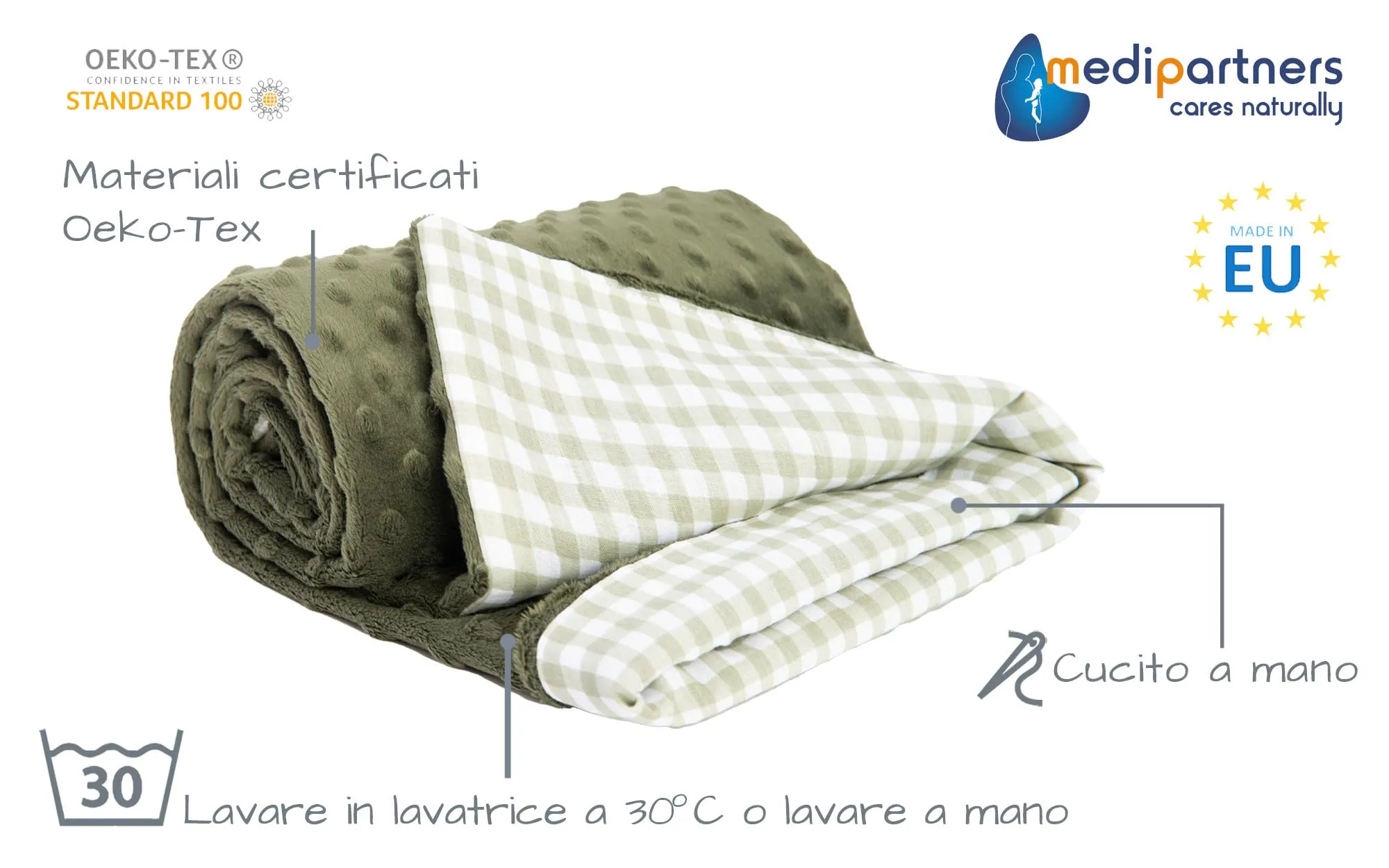 Medi Partners Coperta per Neonato Bifacciale in Cotone e Minky 75x100cm - Griglia con Oliva - immagine 2