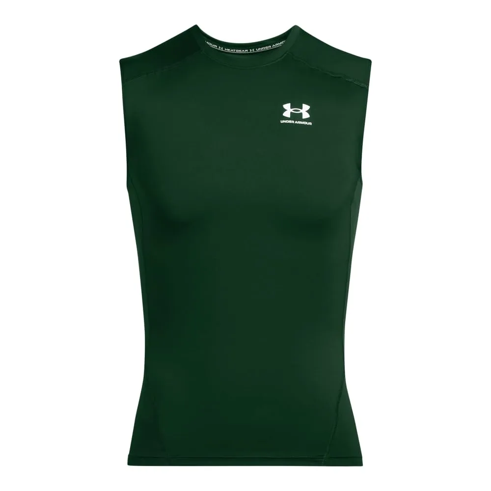 Under Armour HeatGear Maglietta Senza Maniche a Compressione da Uomo, Verde Bosco / Bianco, S - immagine 3