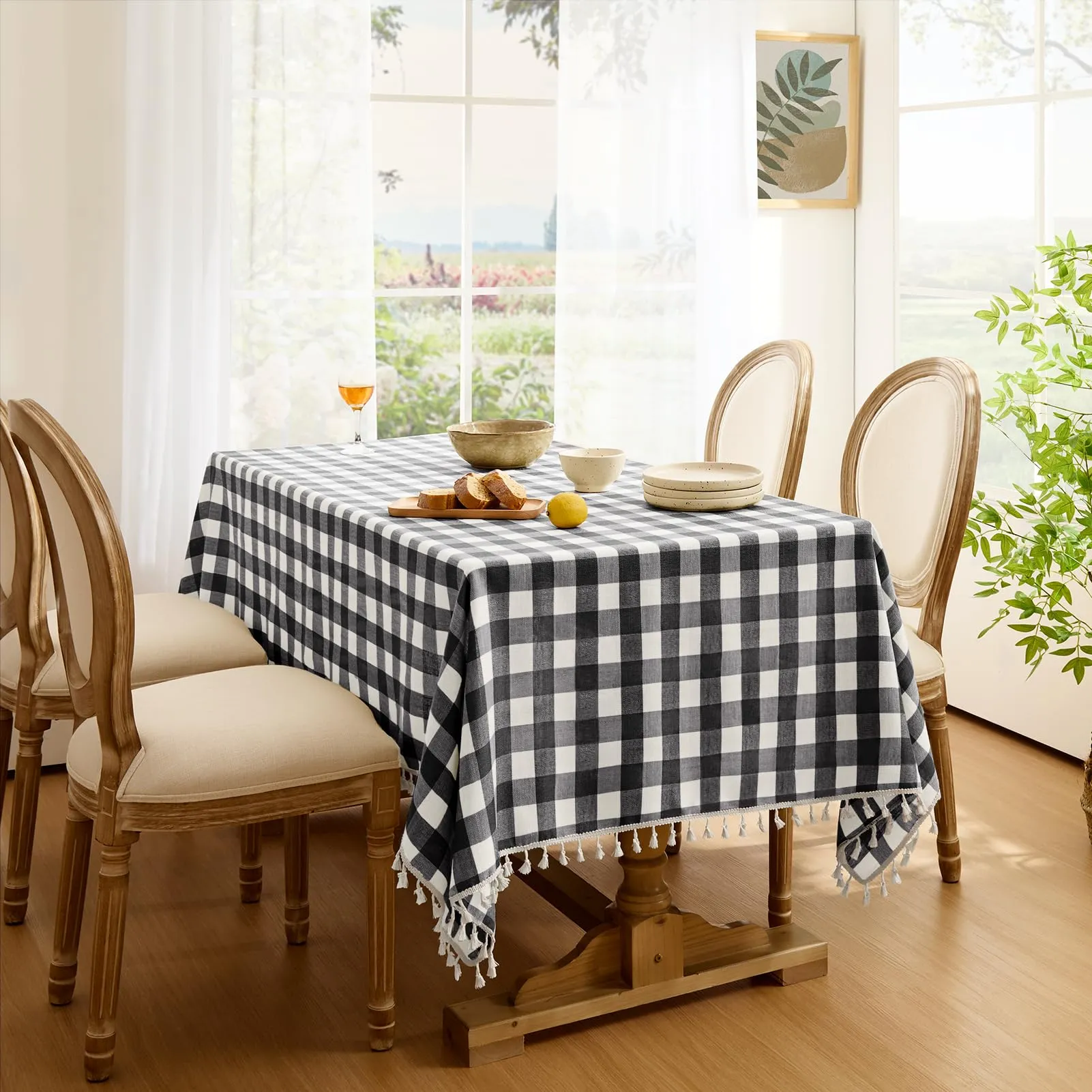 Softalker Tovaglia rettangolare a scacchi in lino e cotone con nappe, 140 x 177,8 cm, nero - immagine 7