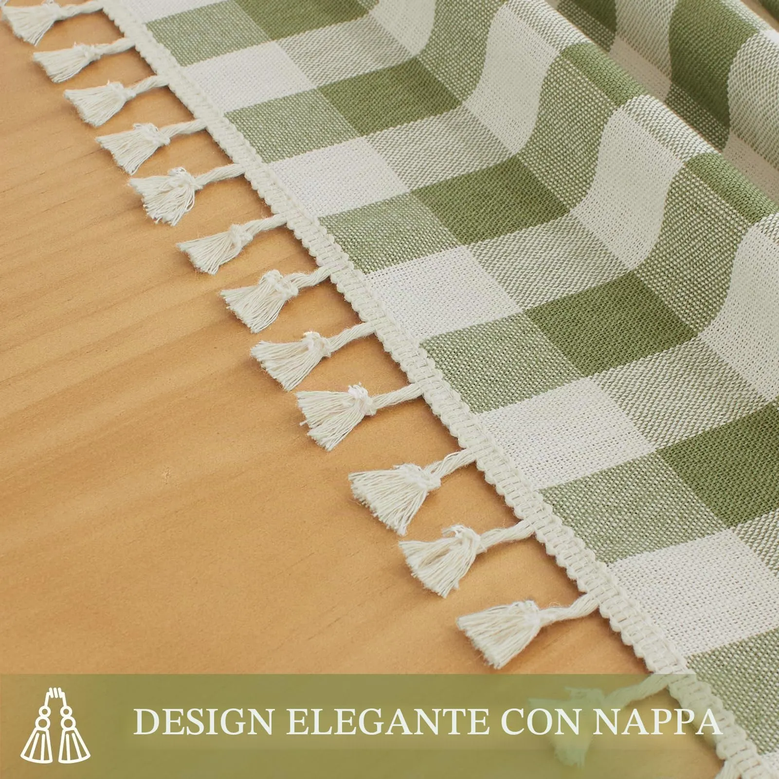 Softalker Tovaglia Rettangolare a Scacchi in Lino e Cotone con Nappe, 140 x 305 cm, Salvia - immagine 4
