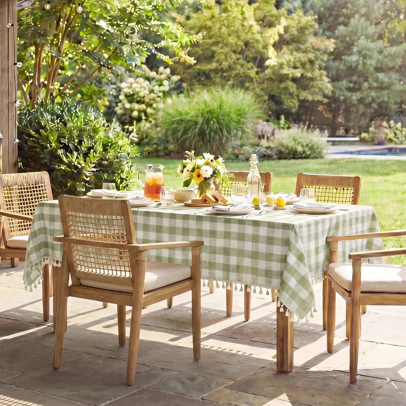 Softalker Tovaglia Rettangolare a Scacchi in Lino e Cotone con Nappe, 140 x 305 cm, Salvia - immagine 8