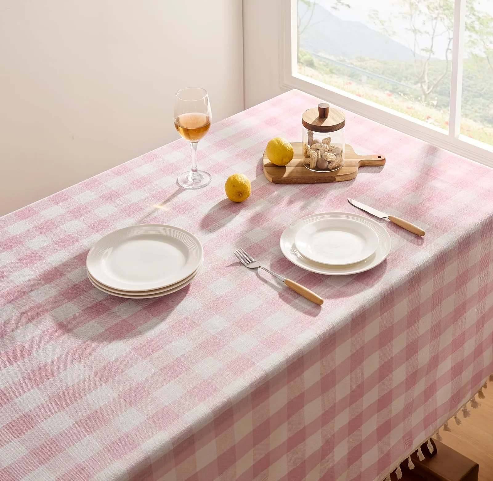 Softalker Tovaglia Rettangolare a Quadretti con Nappa, Rosa, 140 x 259 cm - immagine 3