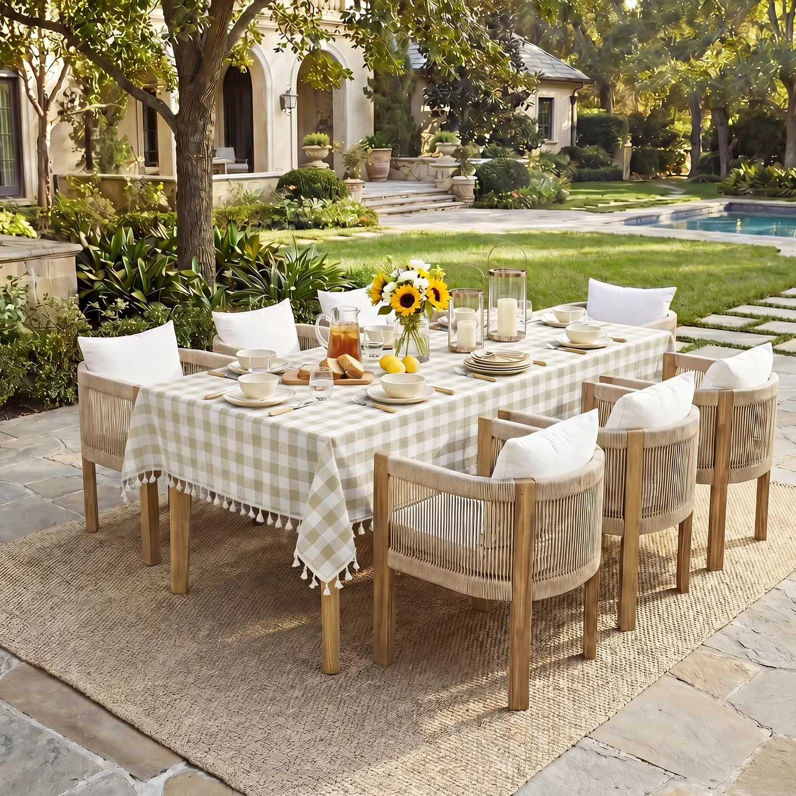 Softalker Tovaglia Rettangolare a Quadri in Lino e Cotone con Nappine, 140 x 178 cm, Beige - immagine 2