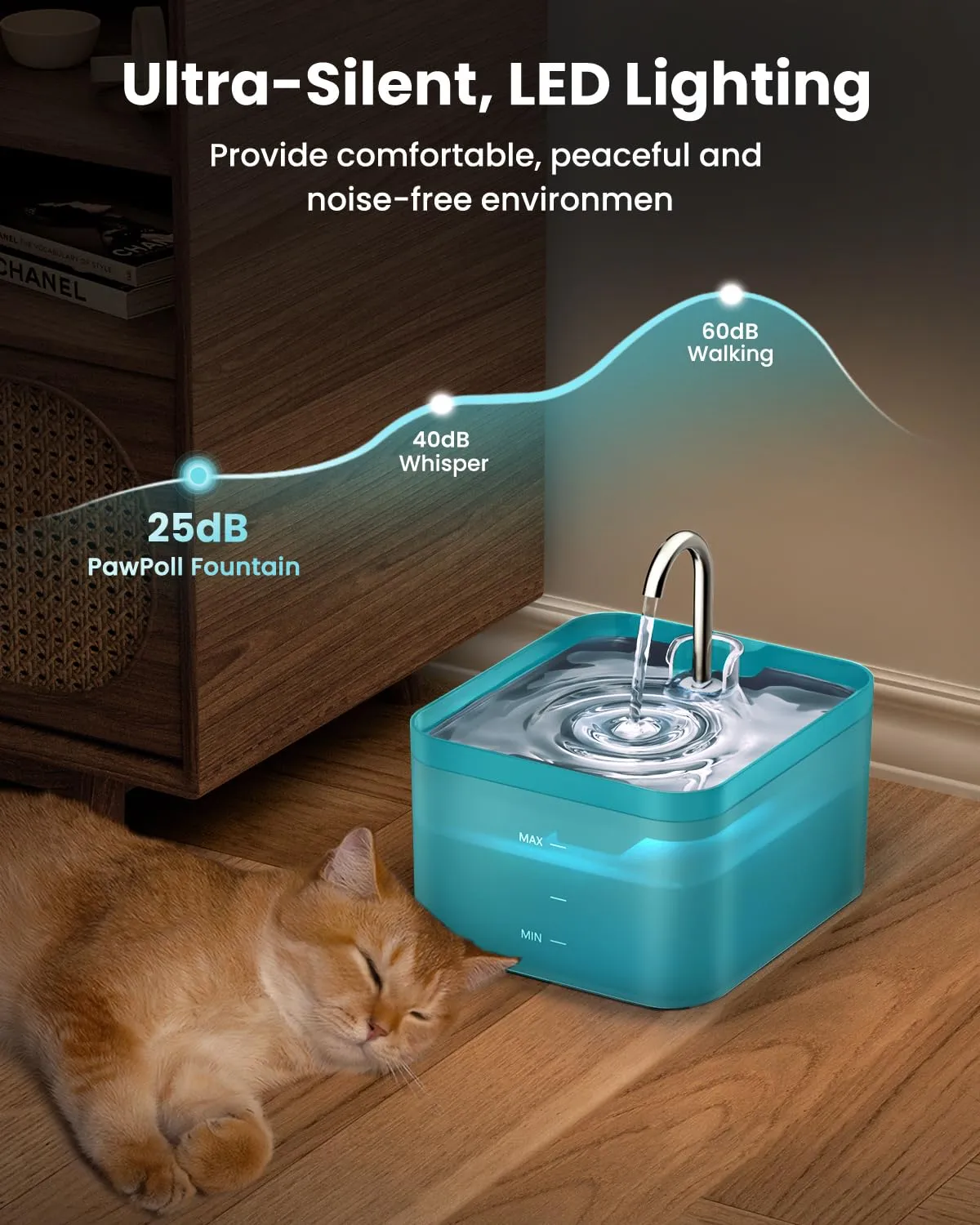 PawPoll Fontanella per Gatti 2,2L con LED e Filtro a Carbone Attivo, Verde - immagine 3
