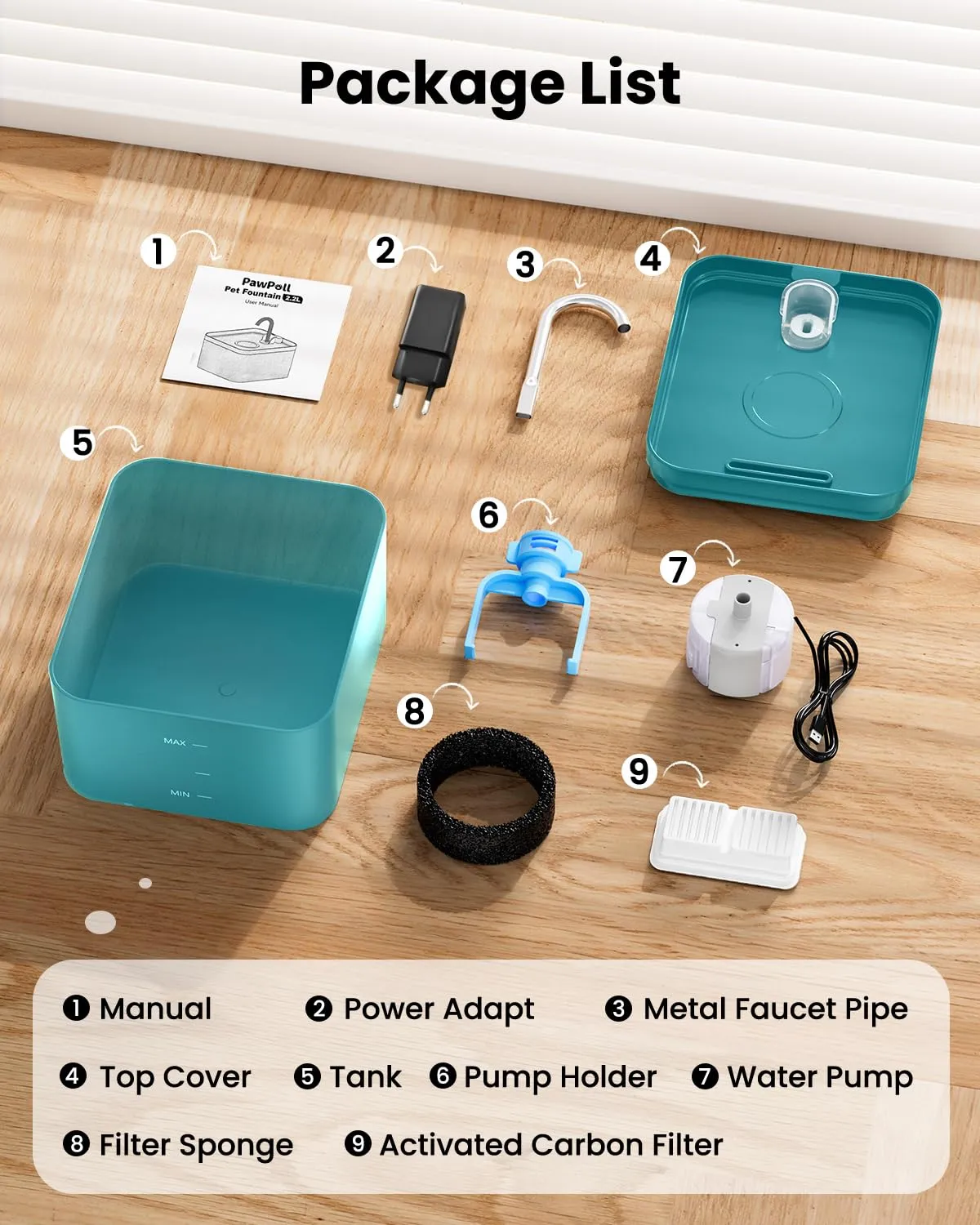 PawPoll Fontanella per Gatti 2,2L con LED e Filtro a Carbone Attivo, Verde - immagine 8