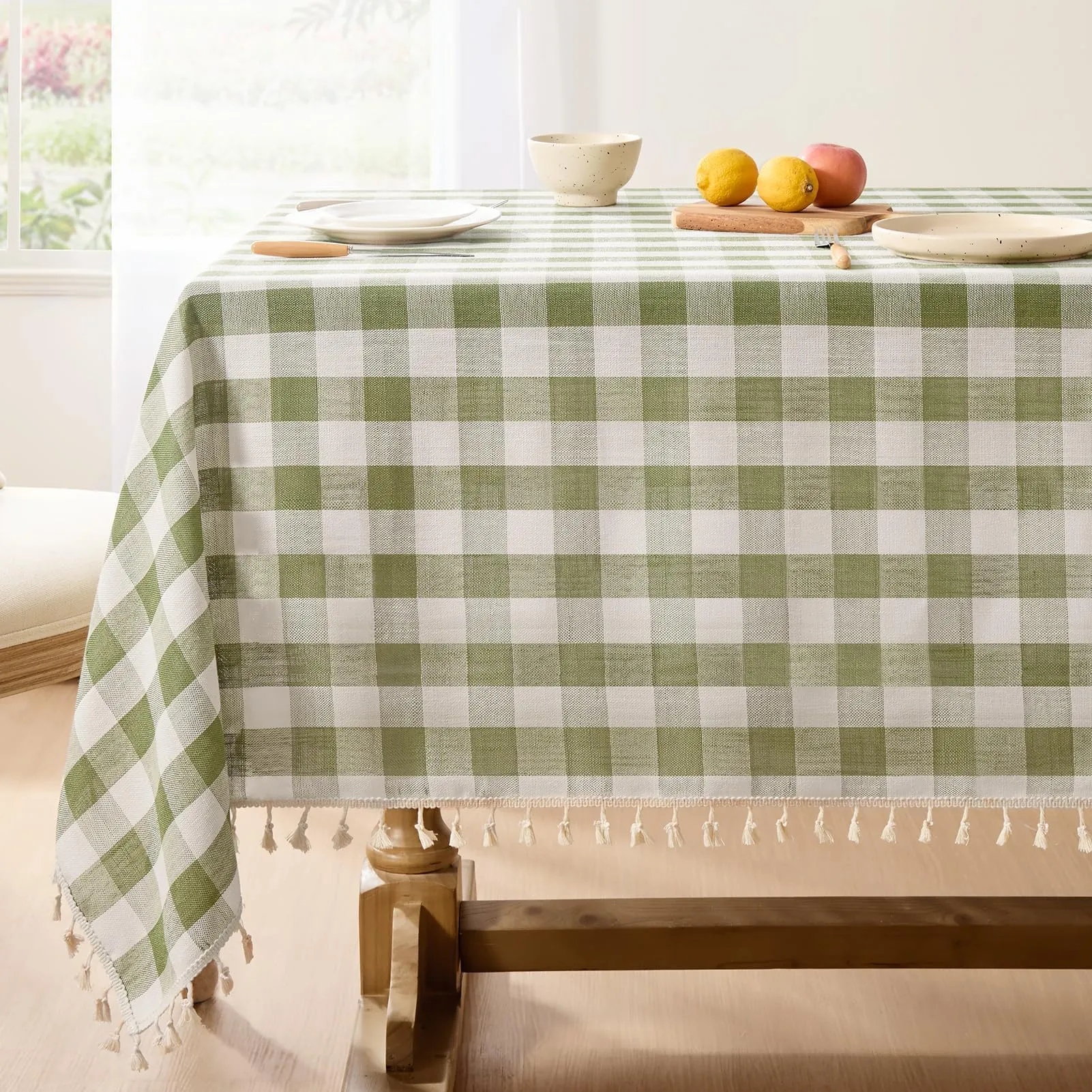 Softalker Tovaglia Quadrata a Quadri in Lino e Cotone con Nappine, 140 x 140 cm, Verde Salvia - immagine 1