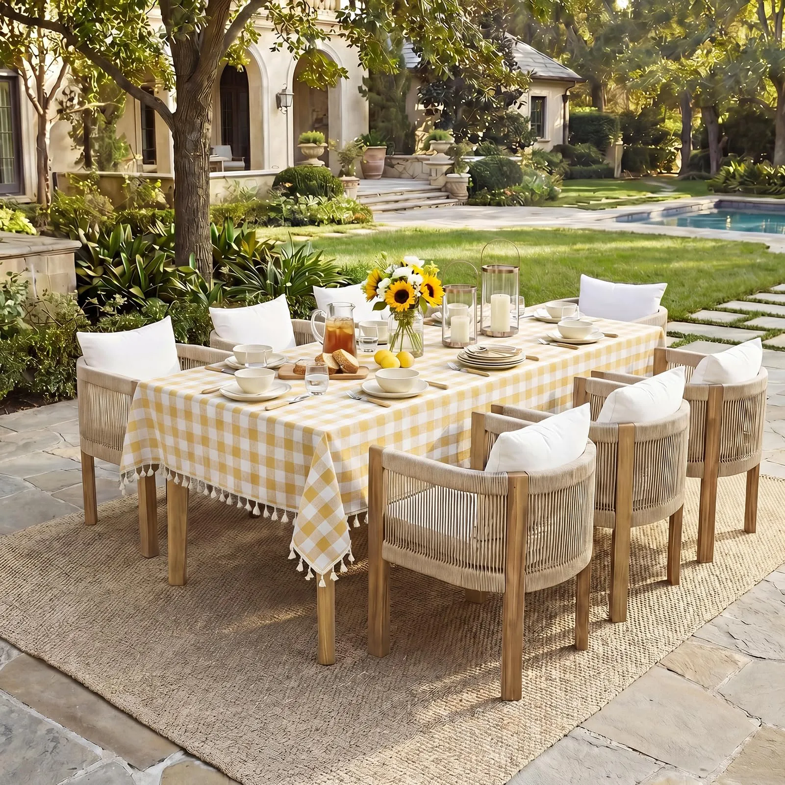Softalker Tovaglia Rettangolare a Quadretti in Lino e Cotone con Nappe, 140 x 304,8 cm, Giallo - immagine 2