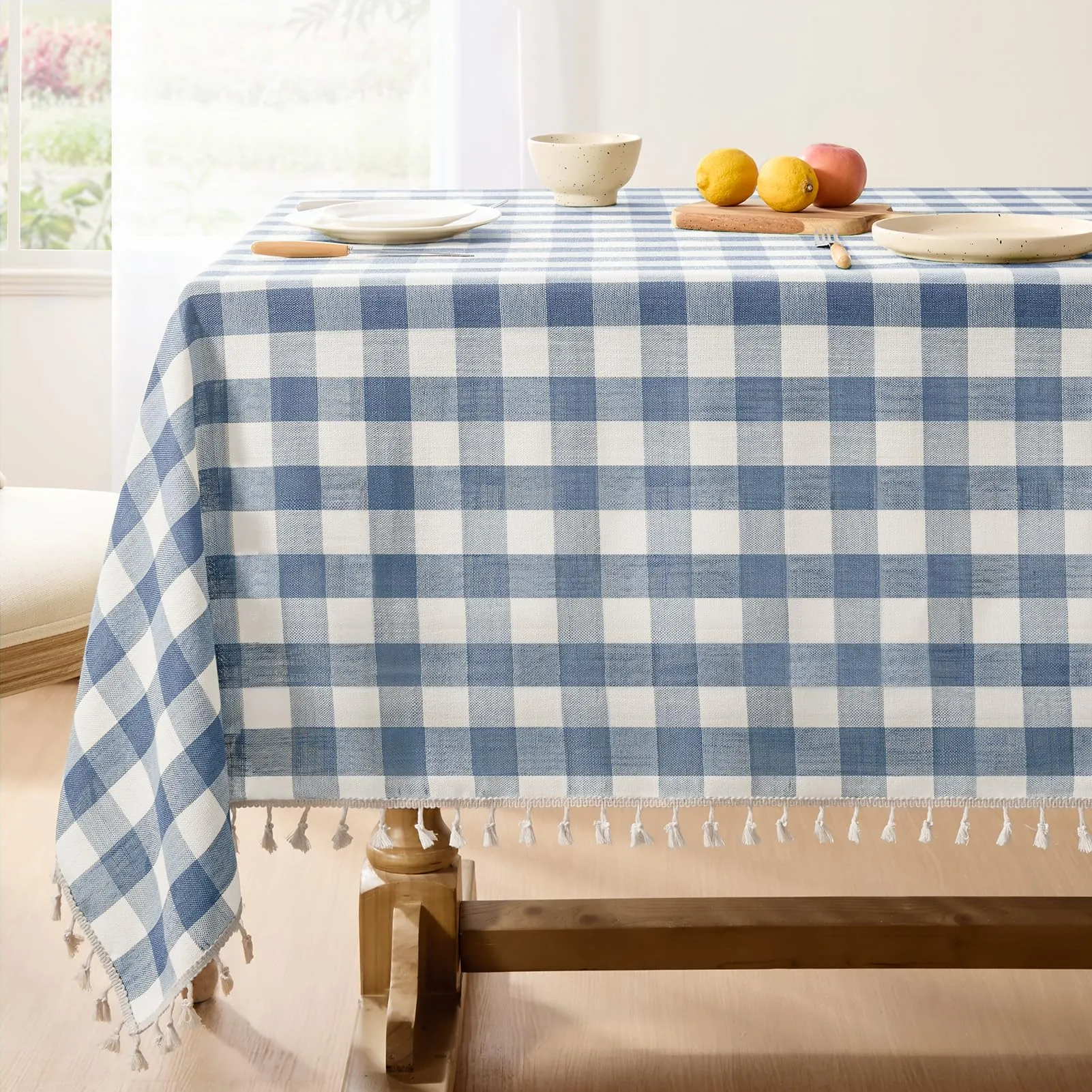 Softalker Tovaglia a scacchi in cotone e lino con nappine, 140 x 305 cm, blu - immagine 1