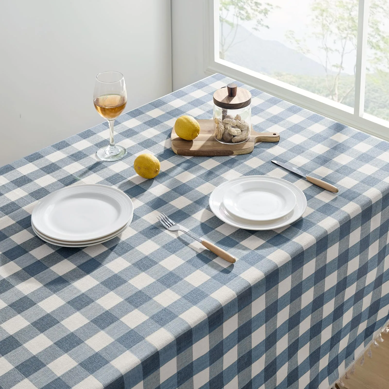 Softalker Tovaglia a scacchi in cotone e lino con nappine, 140 x 305 cm, blu - immagine 2