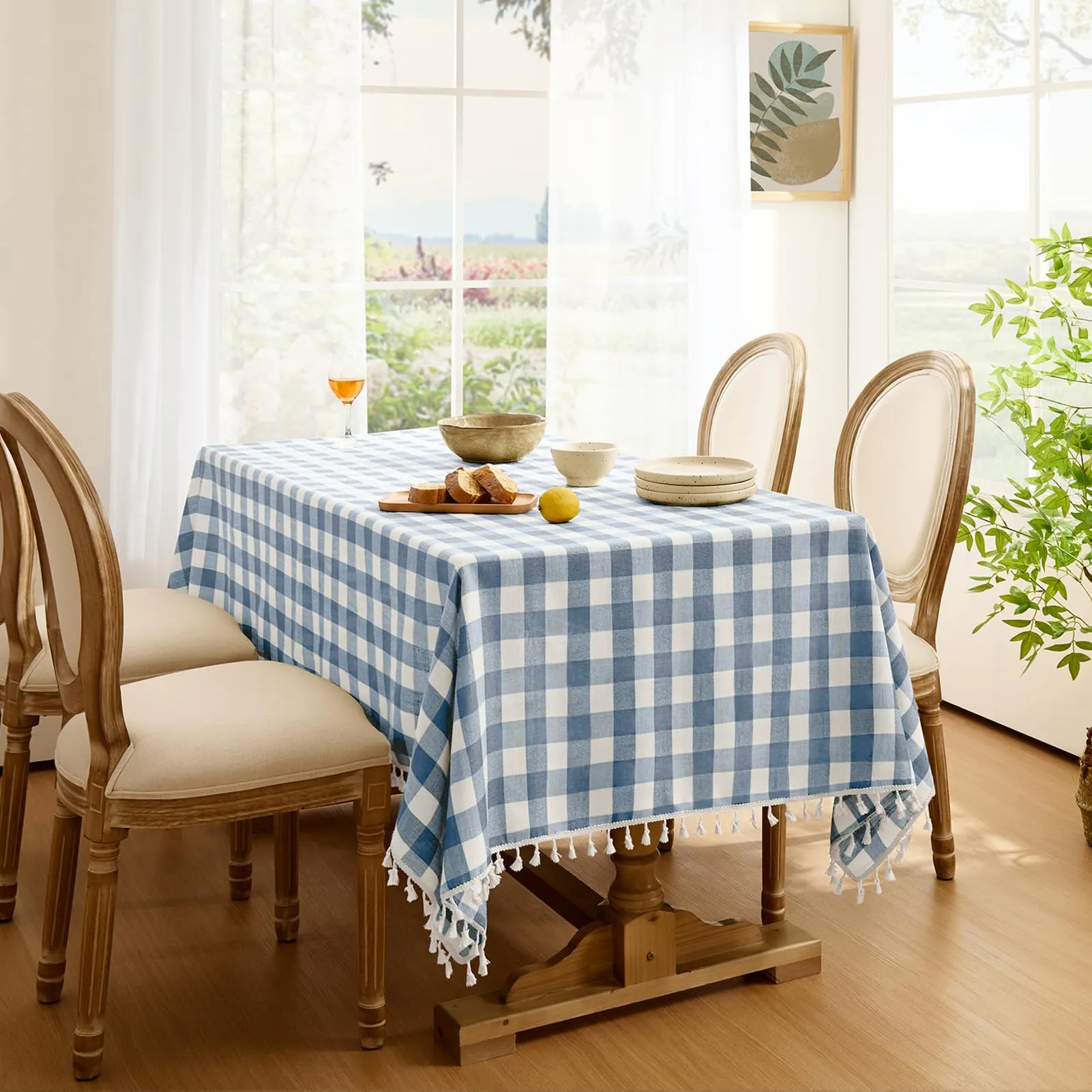 Softalker Tovaglia a scacchi in cotone e lino con nappine, 140 x 305 cm, blu - immagine 7