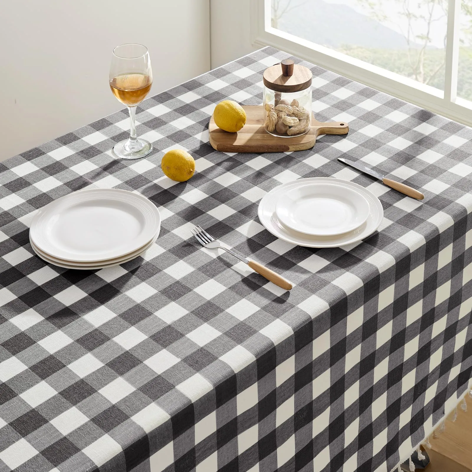 Softalker Tovaglia Rettangolare a Scacchi in Lino e Cotone con Nappe, 140 x 213 cm, Nero - immagine 2