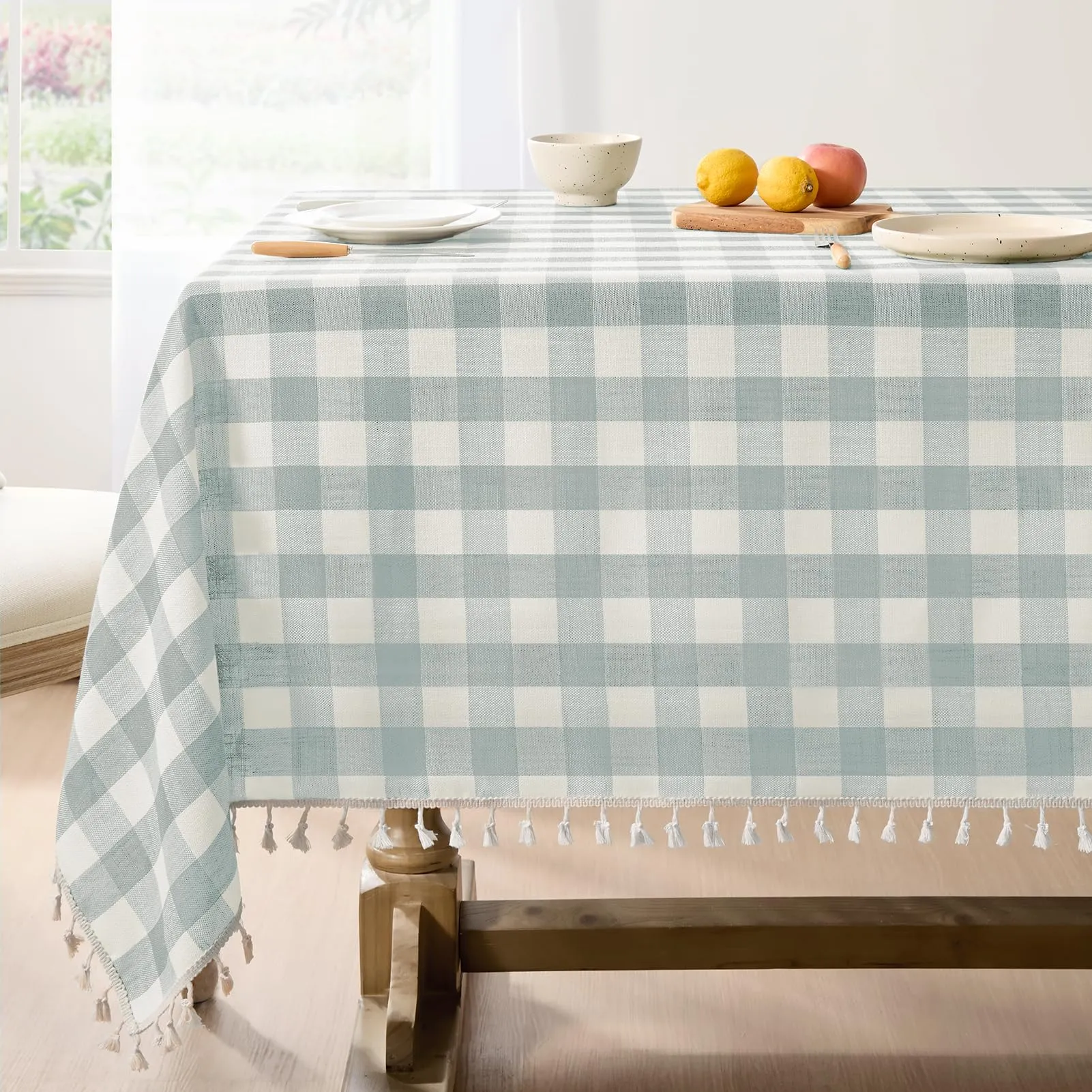 Softalker Tovaglia Rettangolare a Scacchi in Lino e Cotone con Nappe, 140 x 305 cm, Color Acqua - immagine 1