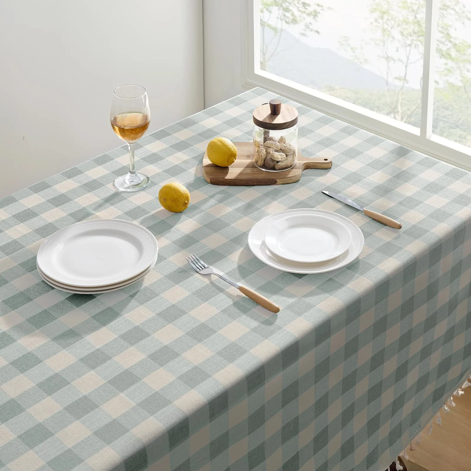 Softalker Tovaglia Rettangolare a Scacchi in Lino e Cotone con Nappe, 140 x 305 cm, Color Acqua - immagine 2