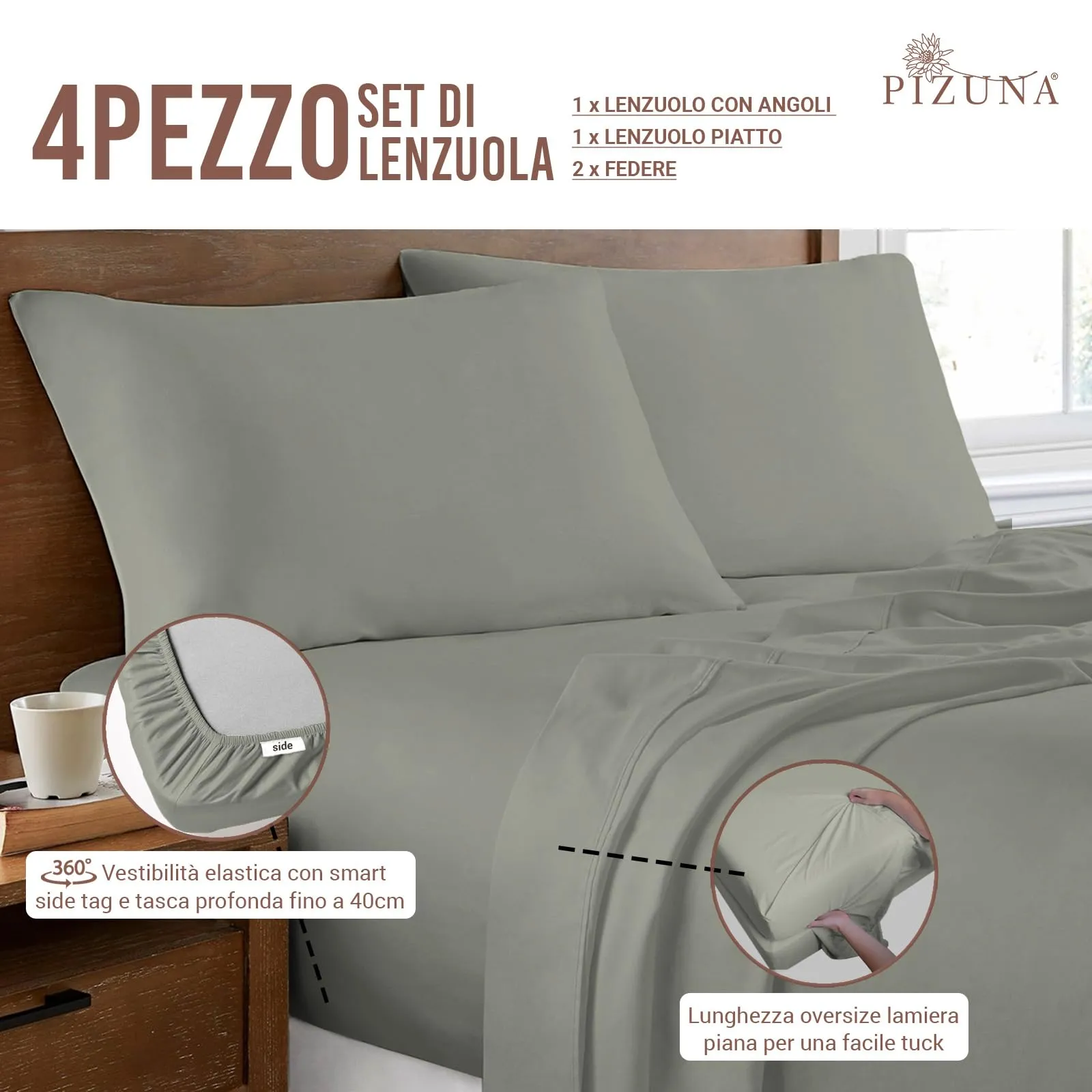Pizuna Linens Set Lenzuola Letto Matrimoniale in Cotone 400 Fili, 140x200cm, Argento, 4 Pezzi - immagine 3