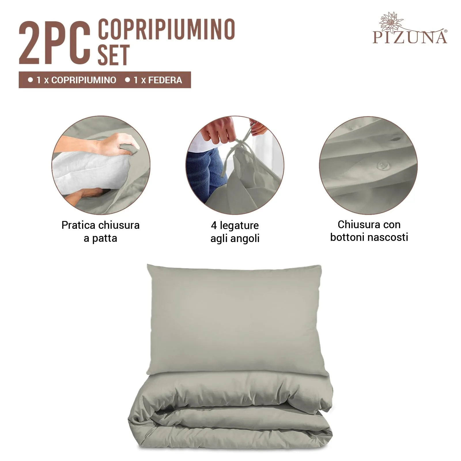 Pizuna Linens Set Copripiumino Singolo in Cotone 400 Fili, 150x200 cm, Argento, 2 Pezzi - immagine 3
