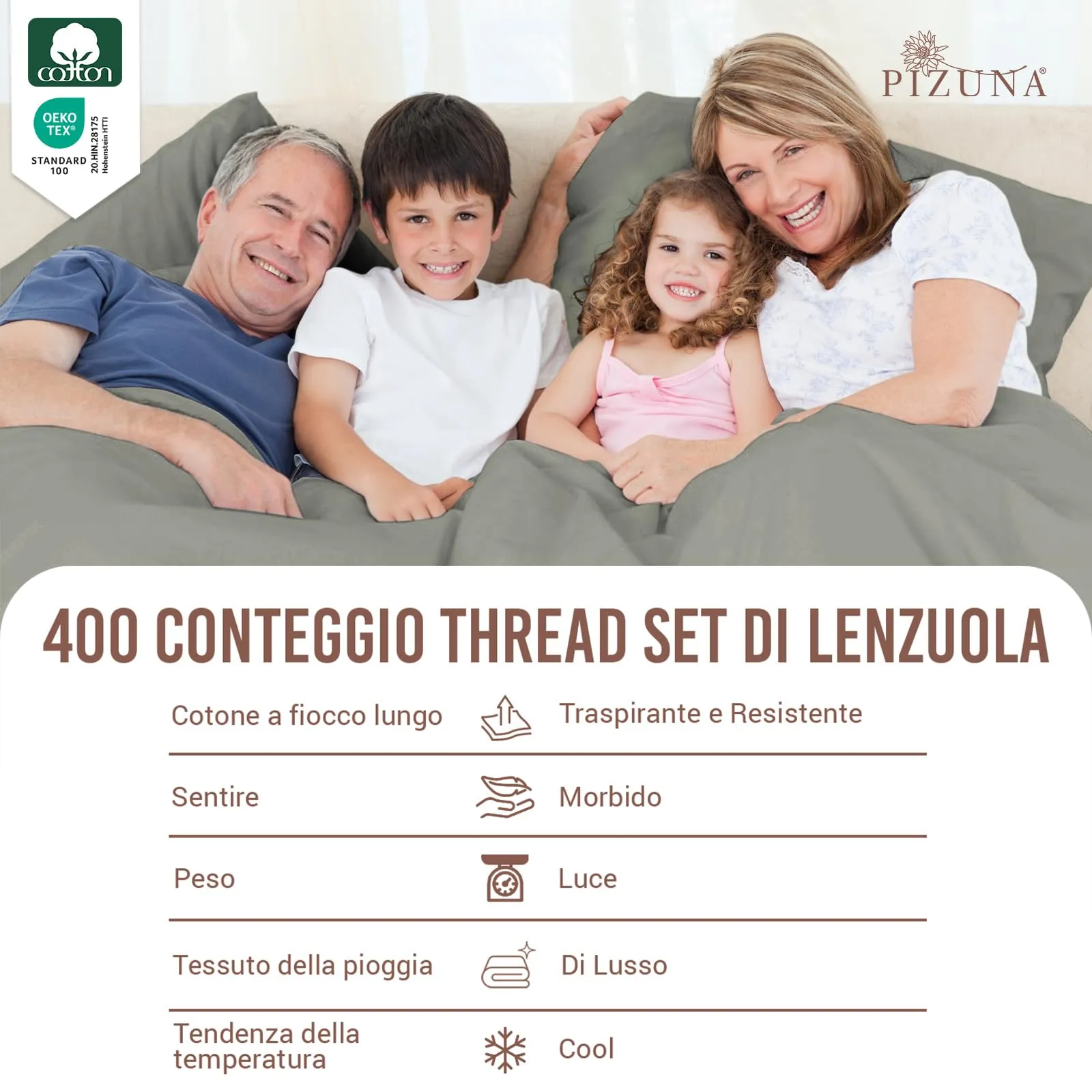 Pizuna Linens Set Lenzuola Letto Singolo in Cotone 400 Fili, 90x200 cm, Argento, 3 Pezzi - immagine 2