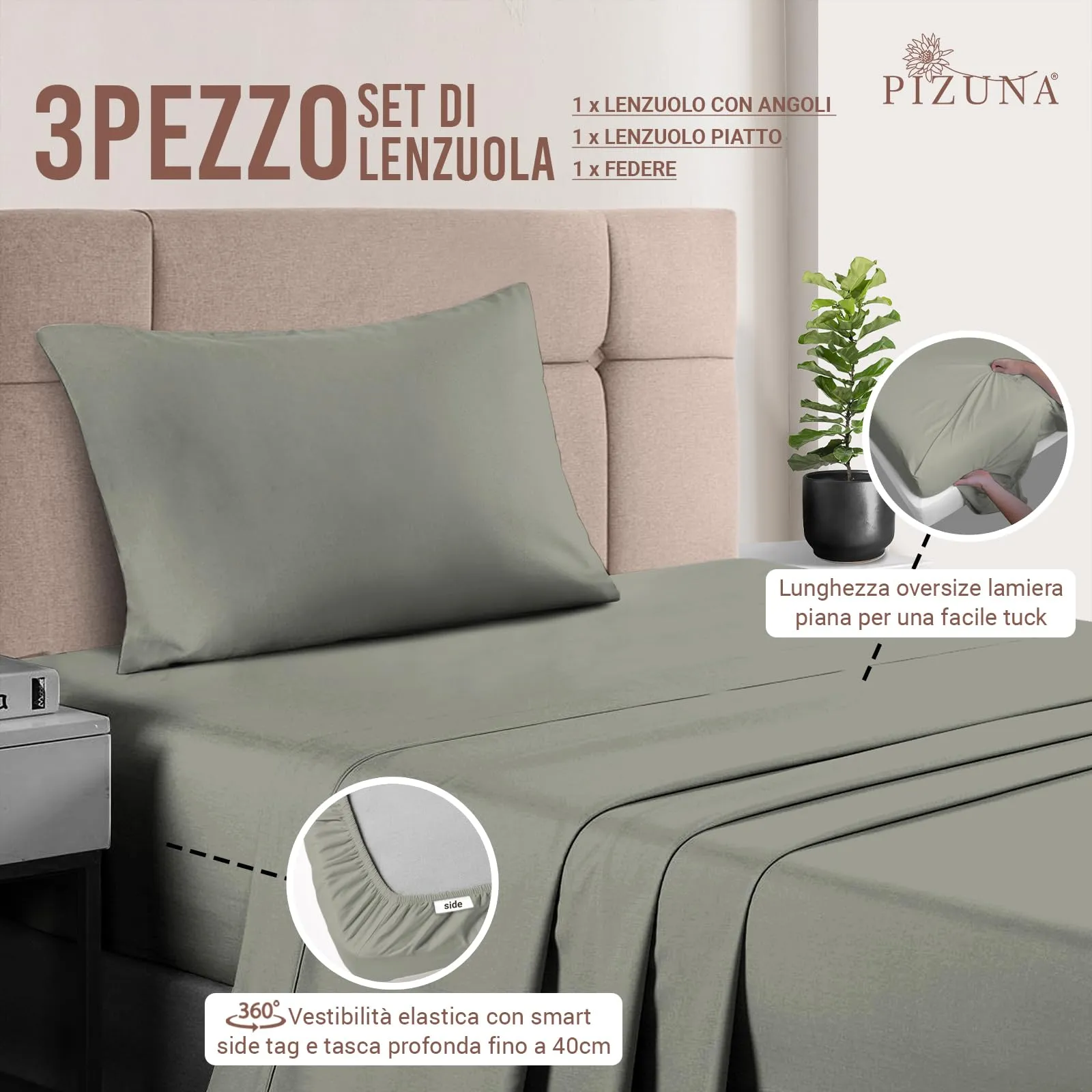 Pizuna Linens Set Lenzuola Letto Singolo in Cotone 400 Fili, 90x200 cm, Argento, 3 Pezzi - immagine 3