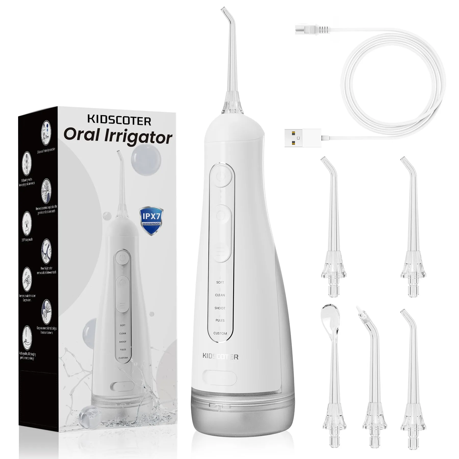 KIDSCOTER Idropulsore Orale Ricaricabile 300ml, 5 Modalità di Pulizia, Impermeabile IPX7, Nero e Bianco - immagine 1