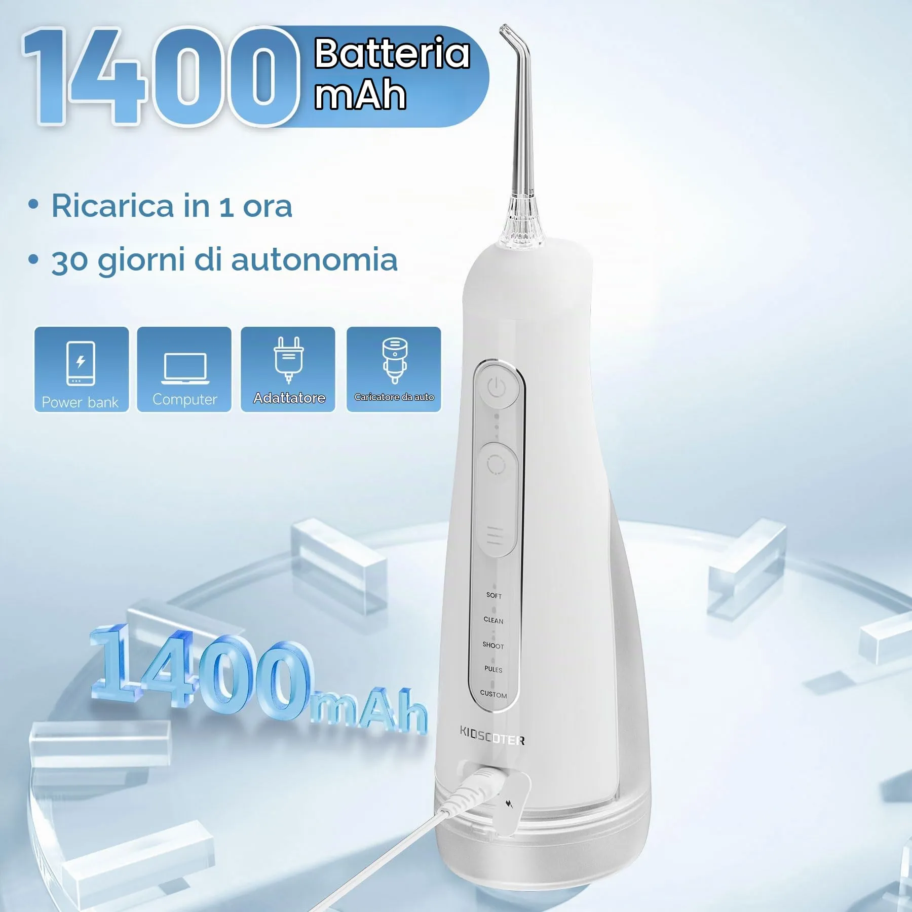 KIDSCOTER Idropulsore Orale Ricaricabile 300ml, 5 Modalità di Pulizia, Impermeabile IPX7, Nero e Bianco - immagine 4