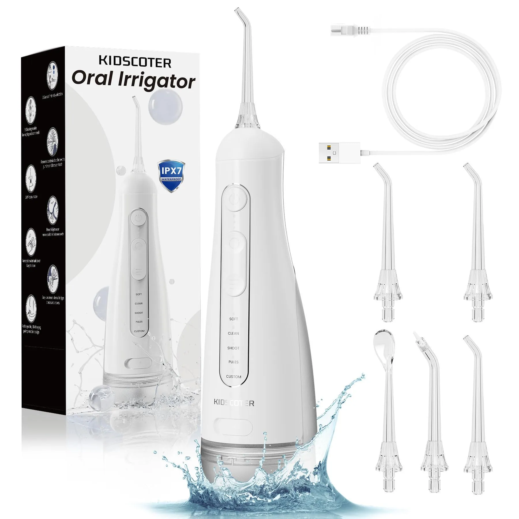 KIDSCOTER Idropulsore Orale Ricaricabile 300ml, 5 Modalità di Pulizia, Impermeabile IPX7, Nero e Bianco - immagine 9