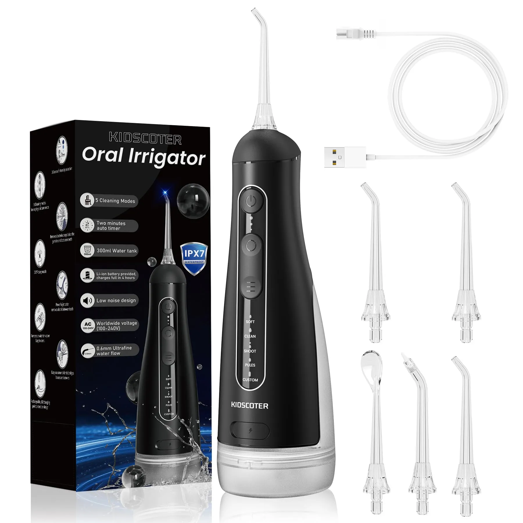 KIDSCOTER Idropulsore Orale Portatile, 5 Modalità, Serbatoio Rimovibile 300 ml, Impermeabile IPX7, Nero - immagine 1