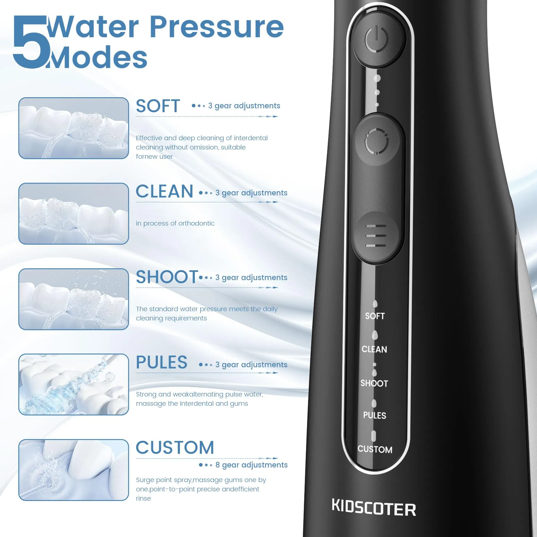 KIDSCOTER Idropulsore Orale Portatile, 5 Modalità, Serbatoio Rimovibile 300 ml, Impermeabile IPX7, Nero - immagine 3