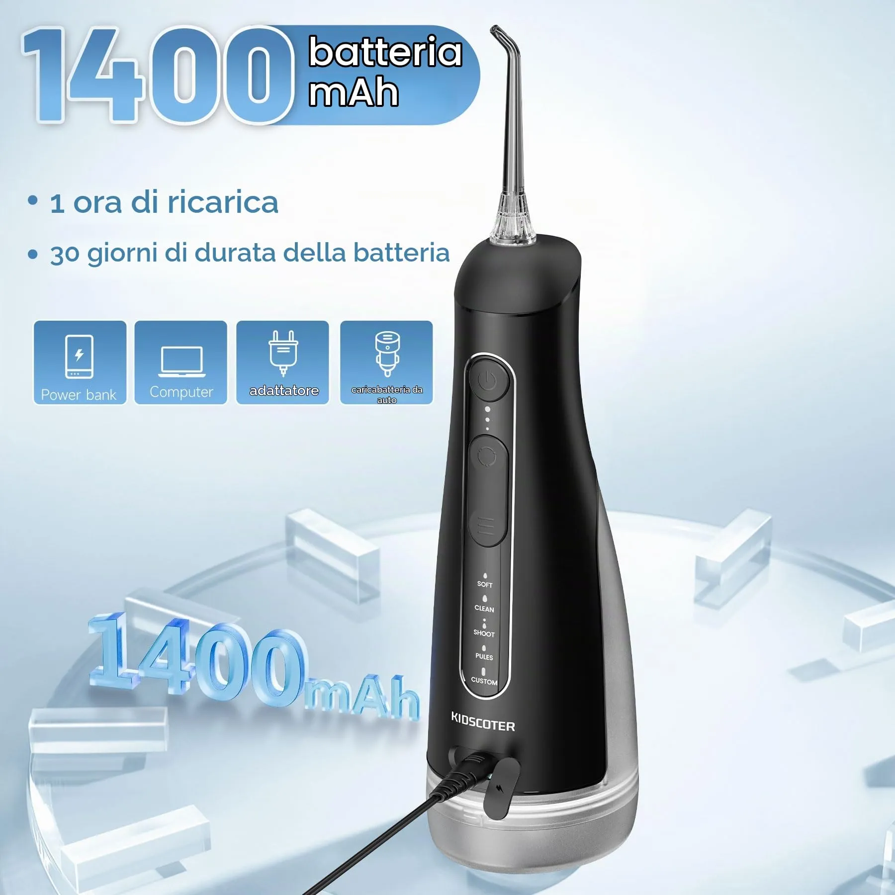 KIDSCOTER Idropulsore Orale Portatile, 5 Modalità, Serbatoio Rimovibile 300 ml, Impermeabile IPX7, Nero - immagine 7