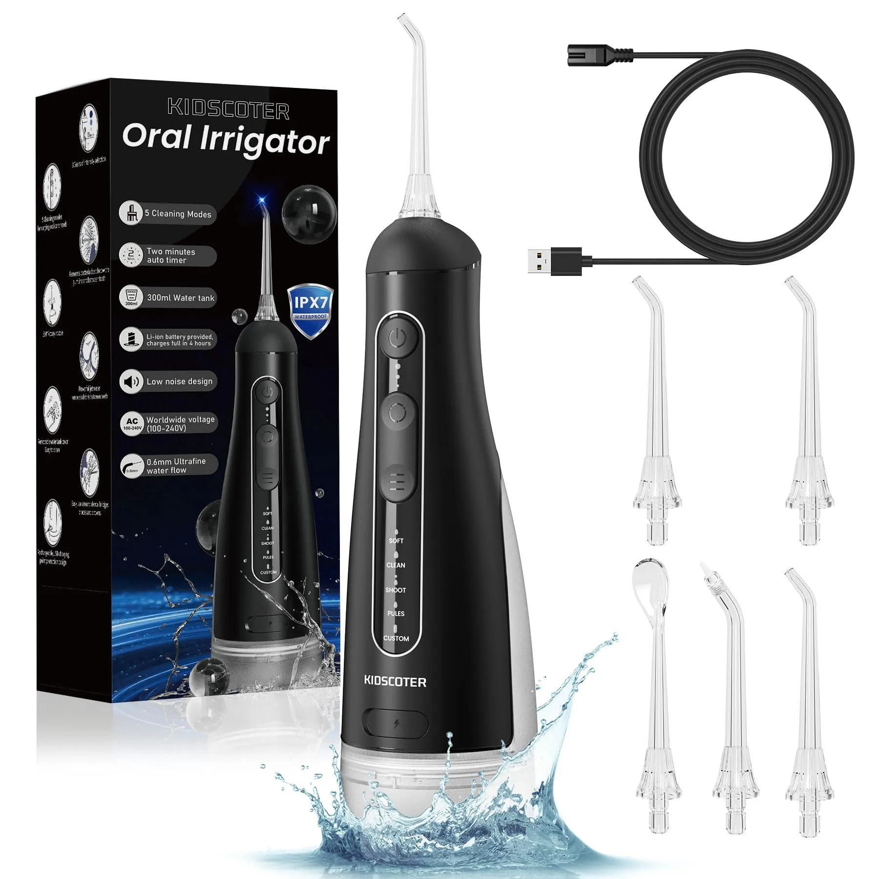 KIDSCOTER Idropulsore Orale Portatile, 5 Modalità, Serbatoio Rimovibile 300 ml, Impermeabile IPX7, Nero - immagine 9