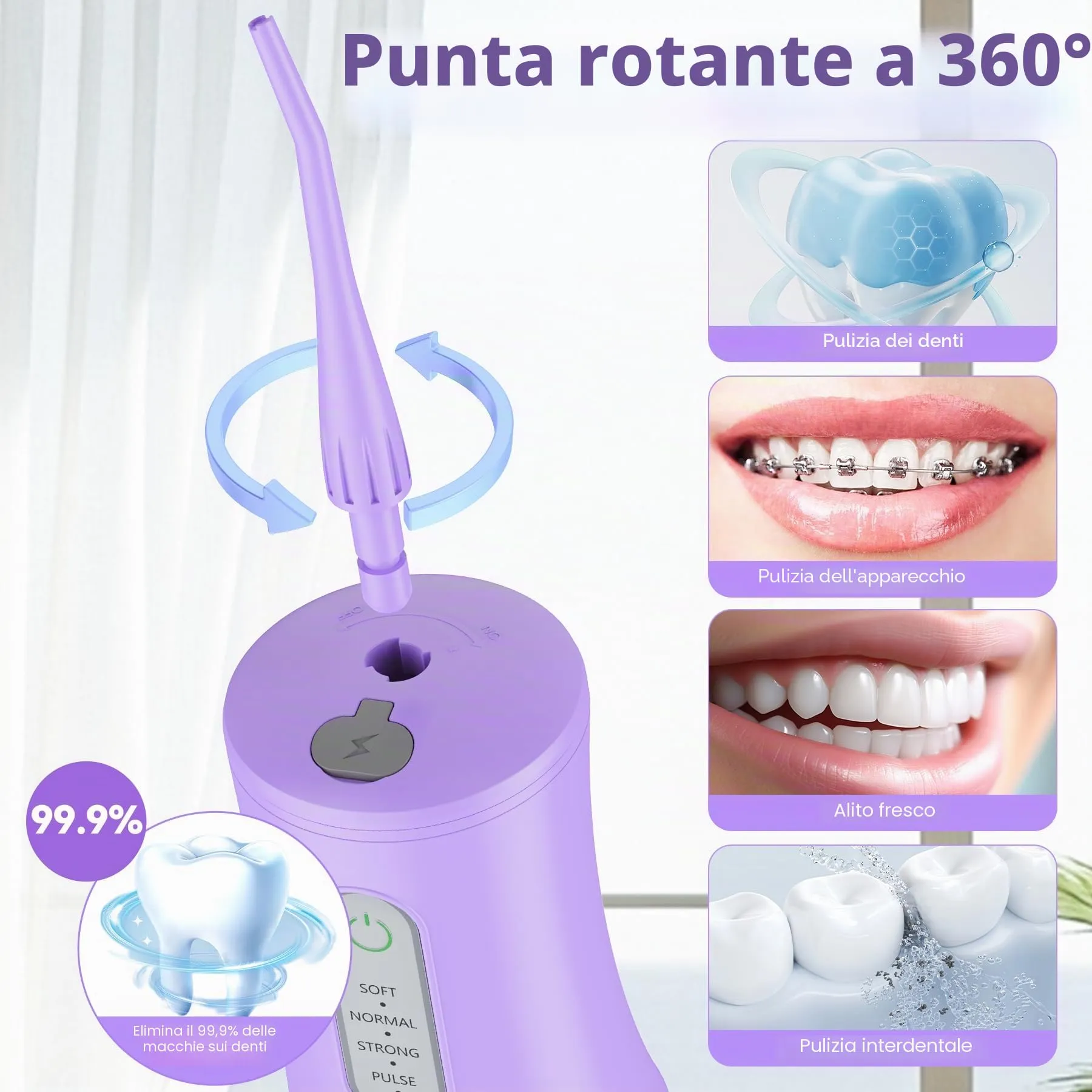 KIDSCOTER Irrigatore Dentale Elettrico Senza Fili ORAL-AP04, 4 Modalità di Pulizia, 8 Punte, Impermeabile IPX7, Serbatoio 200ml, Ricaricabile USB-C - immagine 2