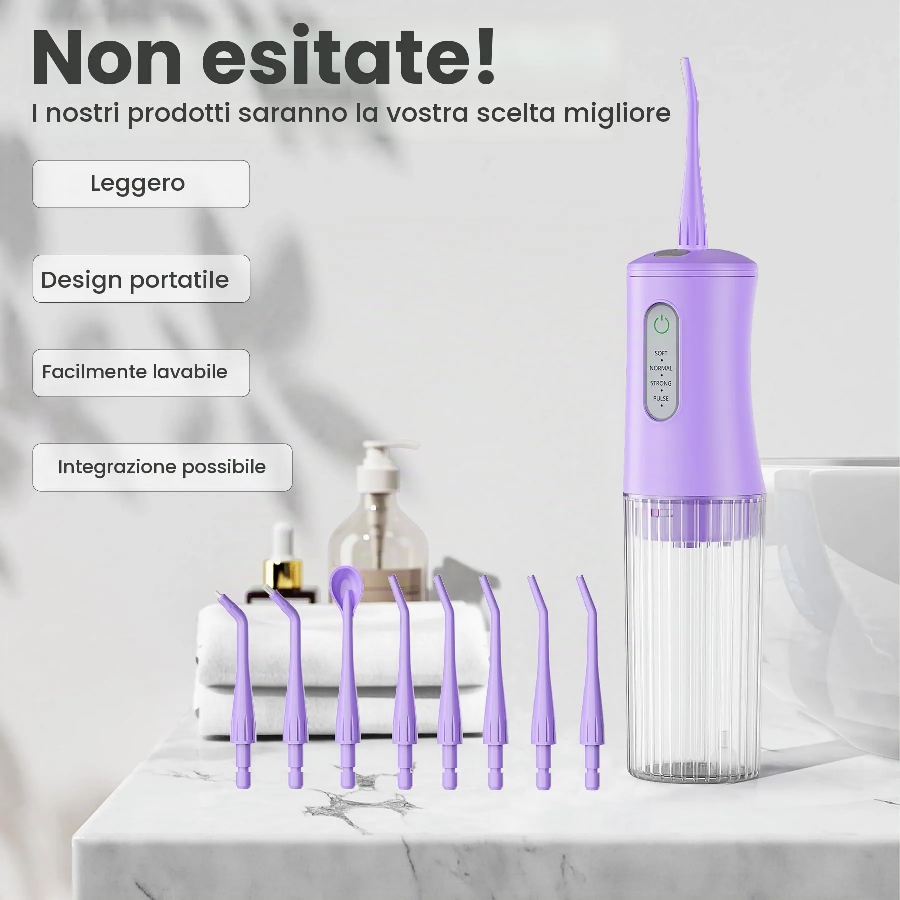 KIDSCOTER Irrigatore Dentale Elettrico Senza Fili ORAL-AP04, 4 Modalità di Pulizia, 8 Punte, Impermeabile IPX7, Serbatoio 200ml, Ricaricabile USB-C - immagine 5
